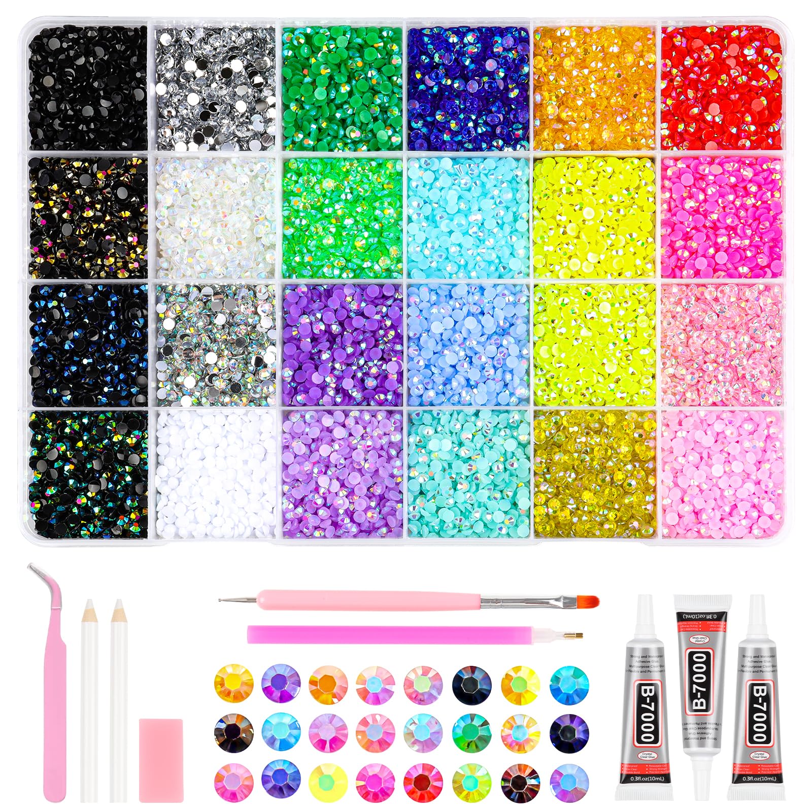 19920 Pcs Rhinestones 3mm Flat Back Bedazzling gems kit with B7000 Jewelry Glue, Tweezers & Dotting Pen for Nail Art, Clothing, DIY Handmade Crafts,24 Colours