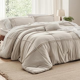 Bedsure Beige Queen Comforter Set - 4 Pieces Grid Pleated Bed Set, Down ...