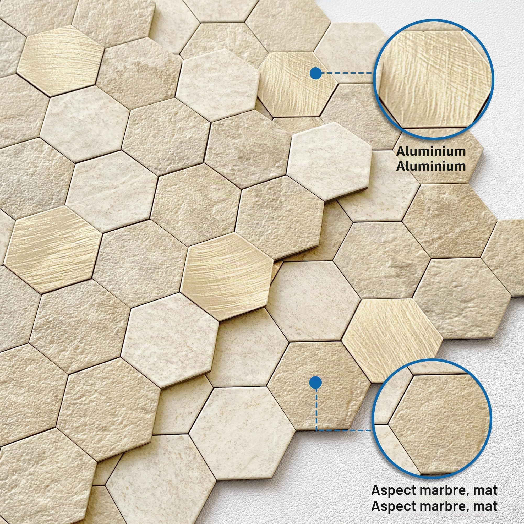 3D Papier peint autocollant pour mur de cuisine, mosaïque hexagonale, mosaïques, carreaux de marbre, autocollants pour carrelage, aspect marbre (Beige 10 feuilles)