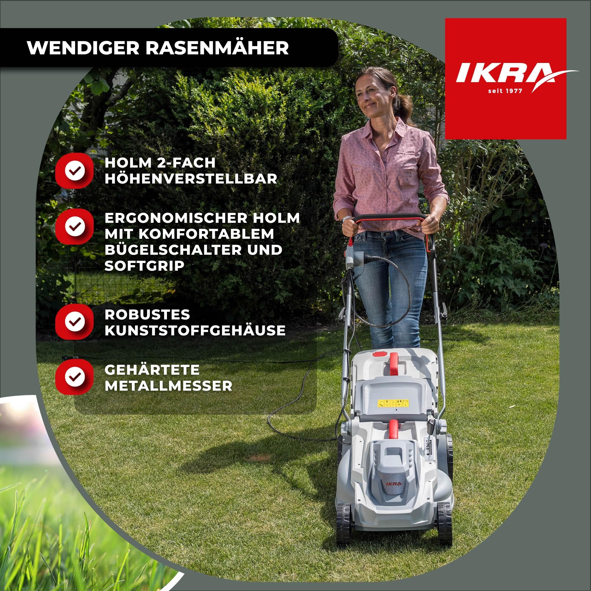 IKRA Elektro Rasenmäher IERM 1638-1, 1600W, 38cm, inkl. Ersatzmesser | Holm 2-fach höhenverstellbar, Schnitthöhe 30-75mm, inkl. Fangsack 42l, gehärtetes Metallmesser, klappbarer Führungsholm
