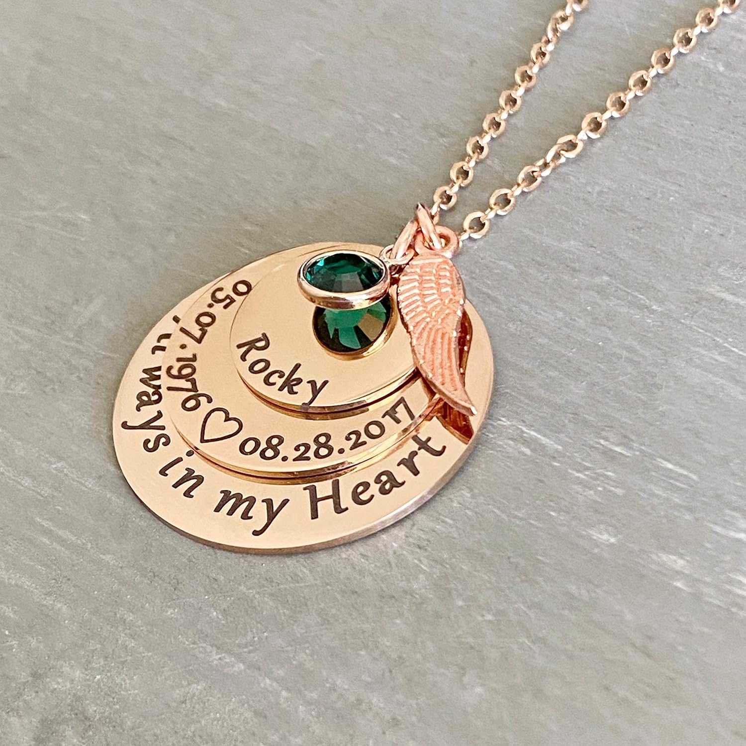 Always in my Heart Personalized Memorial Necklace in Silver, Rose Gold, and Yellow Gold