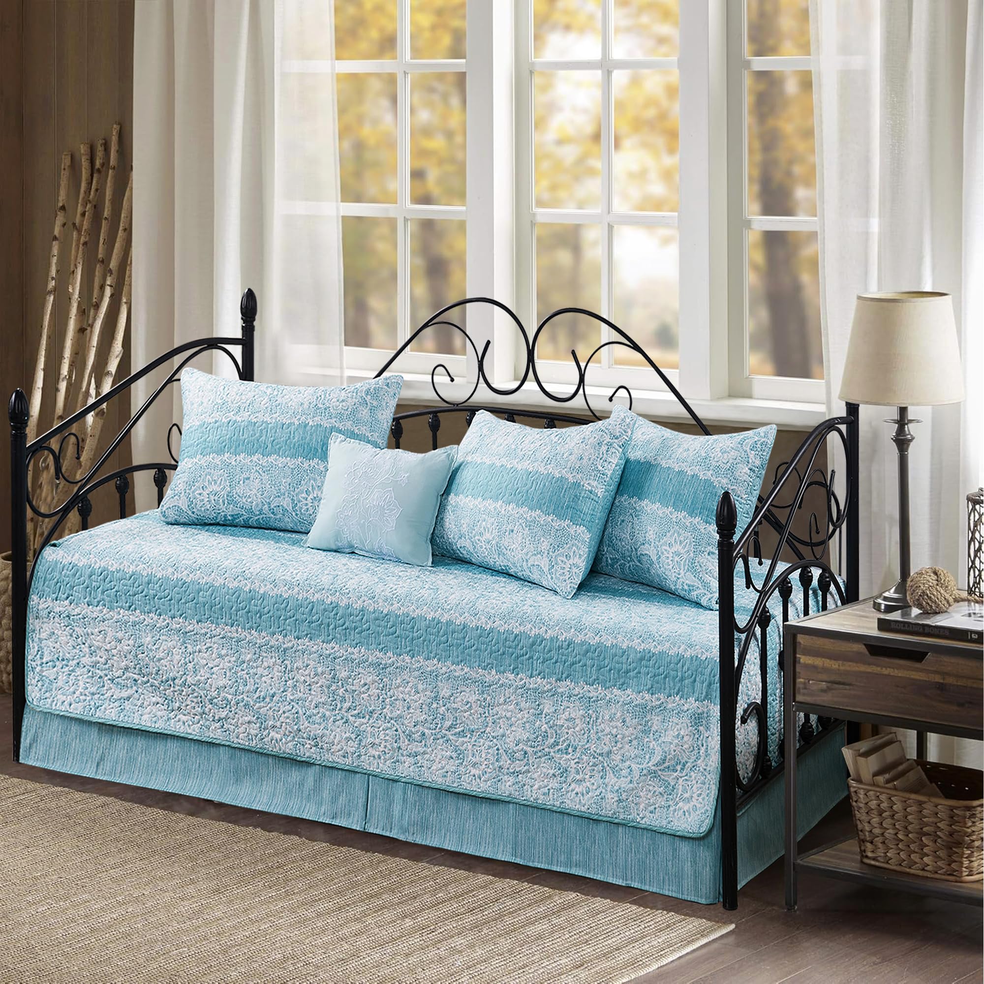 BYTIDE 6 Piece Reversible Microfiber Florals and Stripes Printed Daybed Cover Set, All Season Luxury Bedding with Bedskirt, Matching Shams, Decorative Pillow, 75