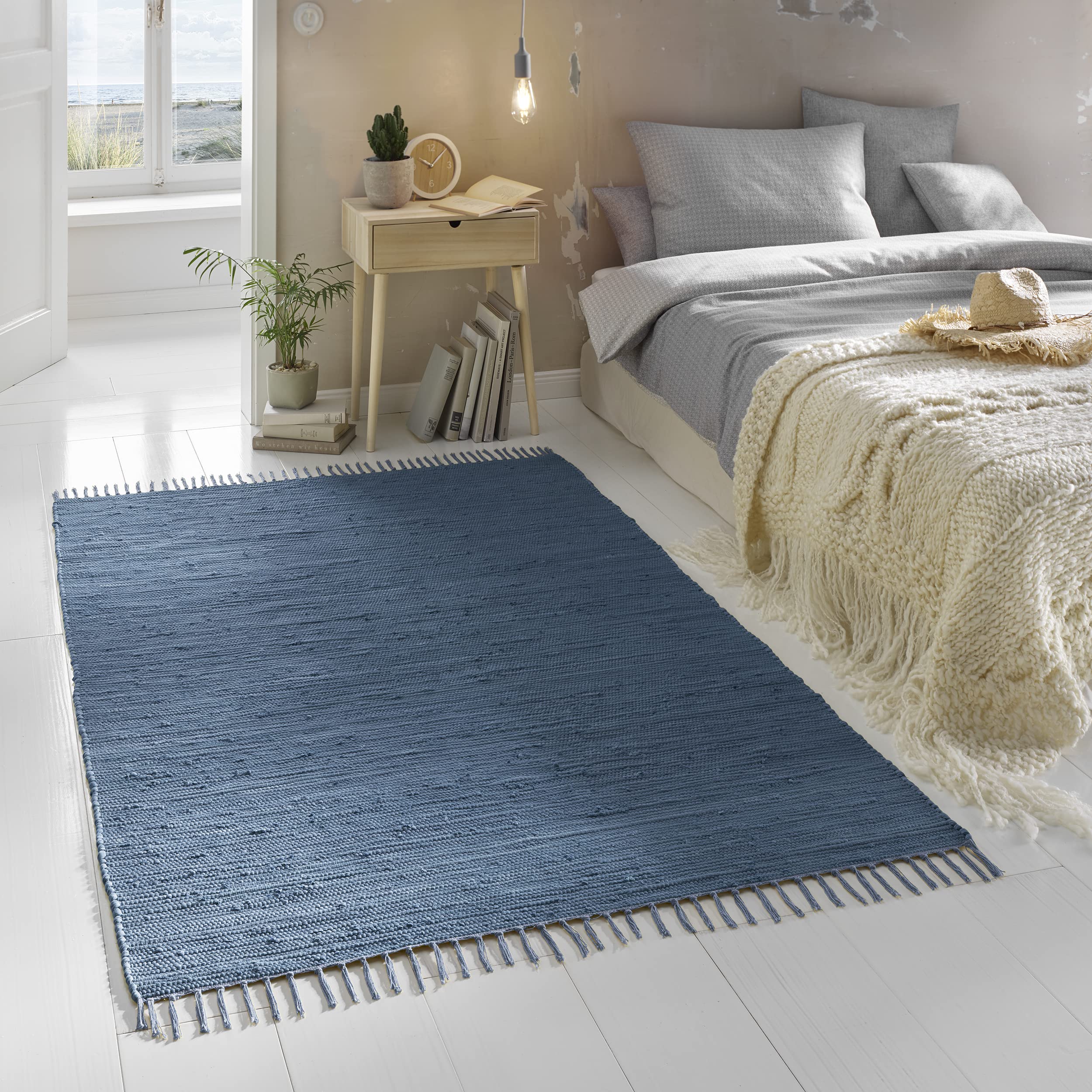 TacaHome Flicken-Teppich 100% Baumwolle I Waschbarer Fleckerl mit Fransen I Esszimmer Küche Badezimmer Wohnzimmer Kinderzimmer | 90 x 160 cm Blau