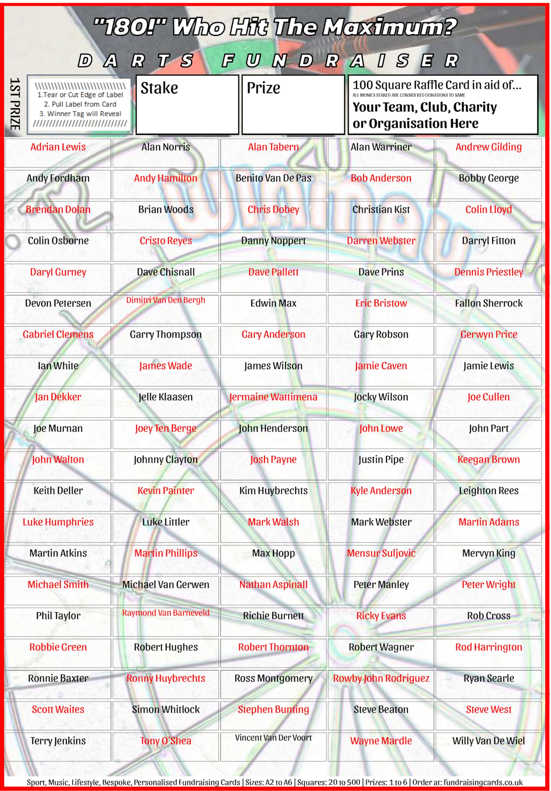 Darts Fundraising Scratch Card/Raffle/Draw Ticket Player Name `180` from 92p each A4 100 Squares (3)