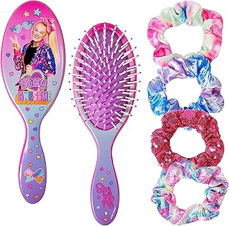 LUV HER Nickelodeon Jojo Siwa Hair Brush & 4 Scrunchies - Girls 9inc Hair Set, Detangling Brush for Thick Curly Thin Wet or Dry Hair - Hair Accessories for Kids Ages 3+