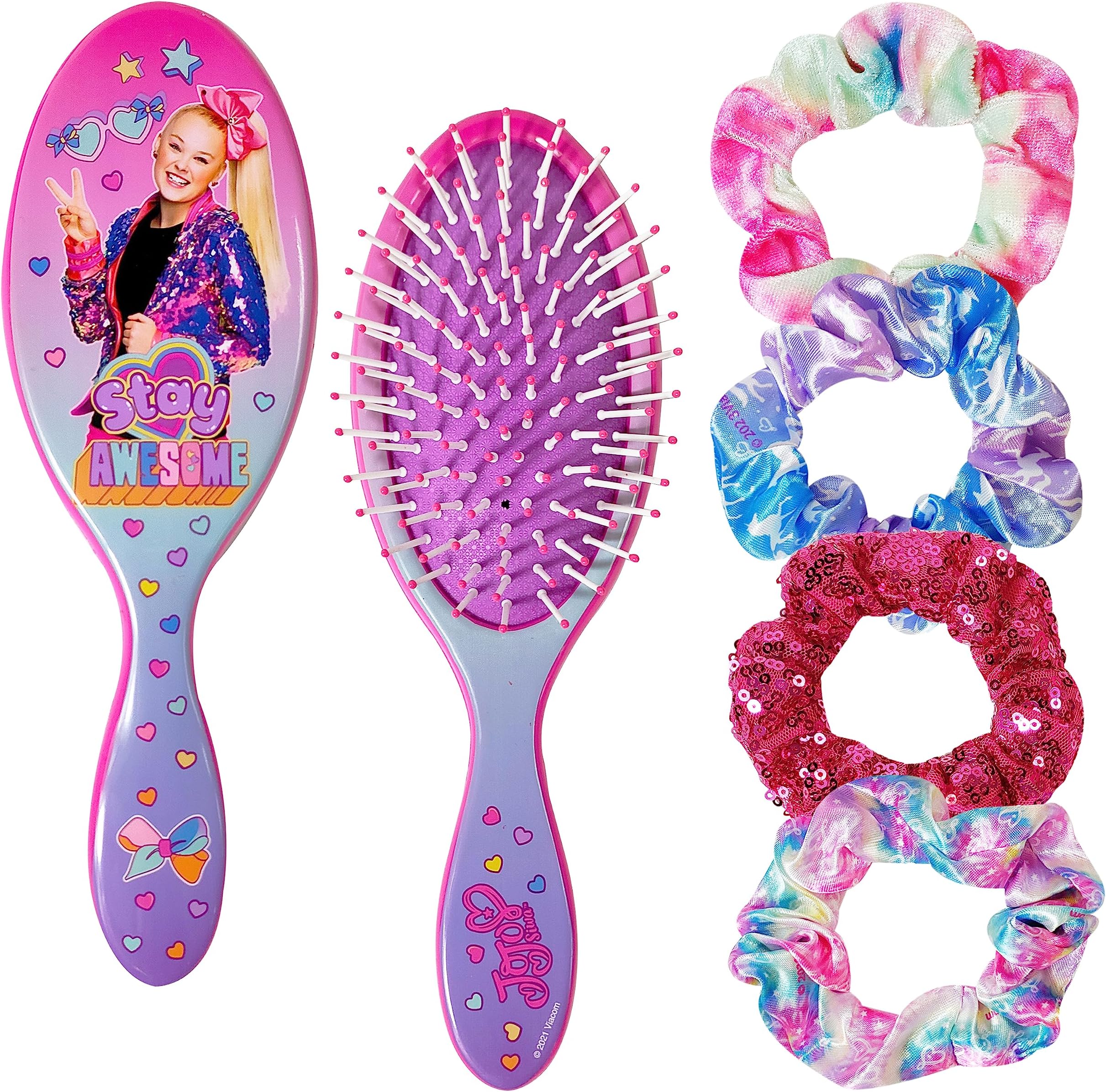 Nickelodeon Jojo Siwa Hair Brush & 4 Scrunchies - Girls 9inc Hair Set, Detangling Brush for Thick Curly Thin Wet or Dry Hair - Hair Accessories for Kids Ages 3+