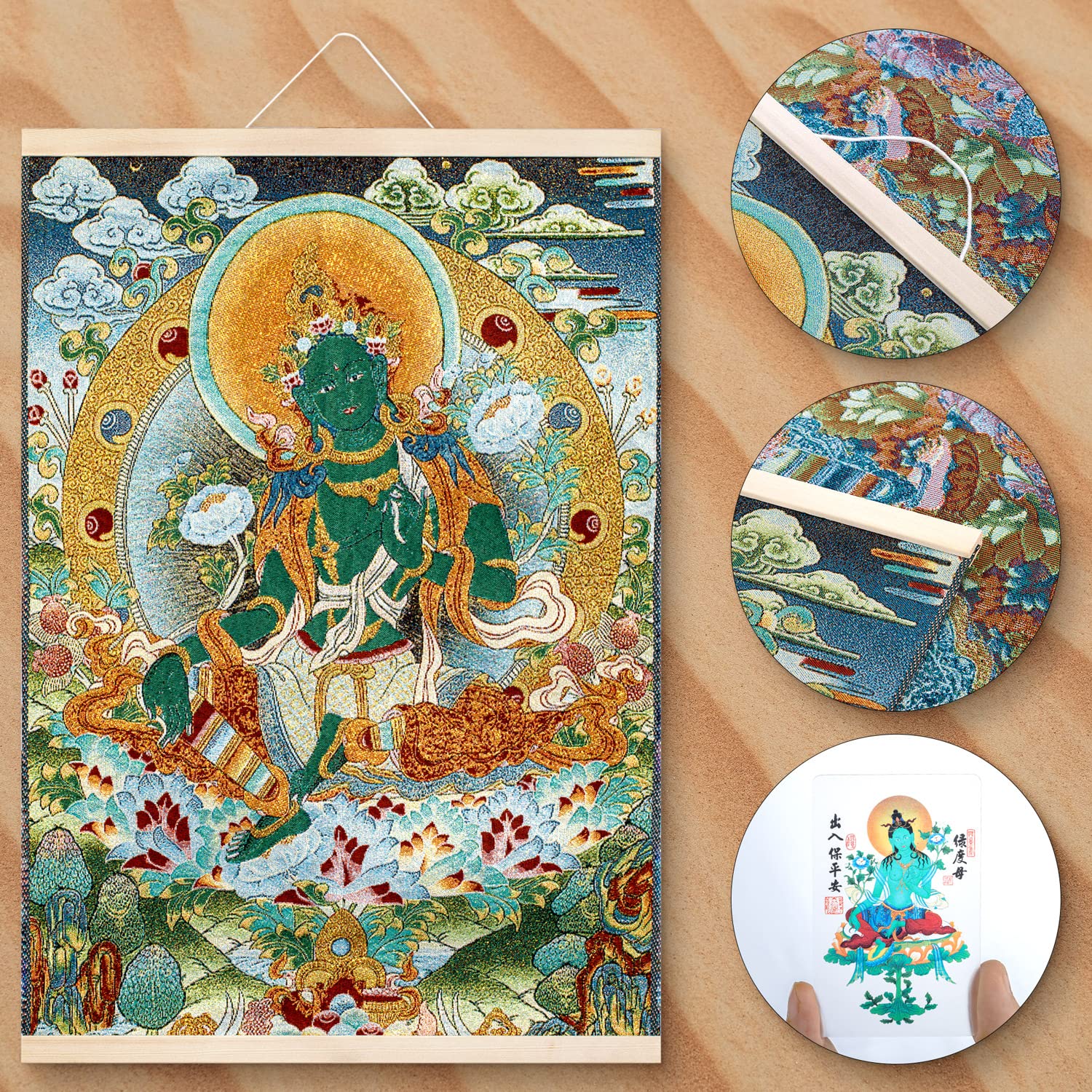 チベット シルク刺繍 仏教 タンカ グリーン ターラ 菩薩 タンカ像