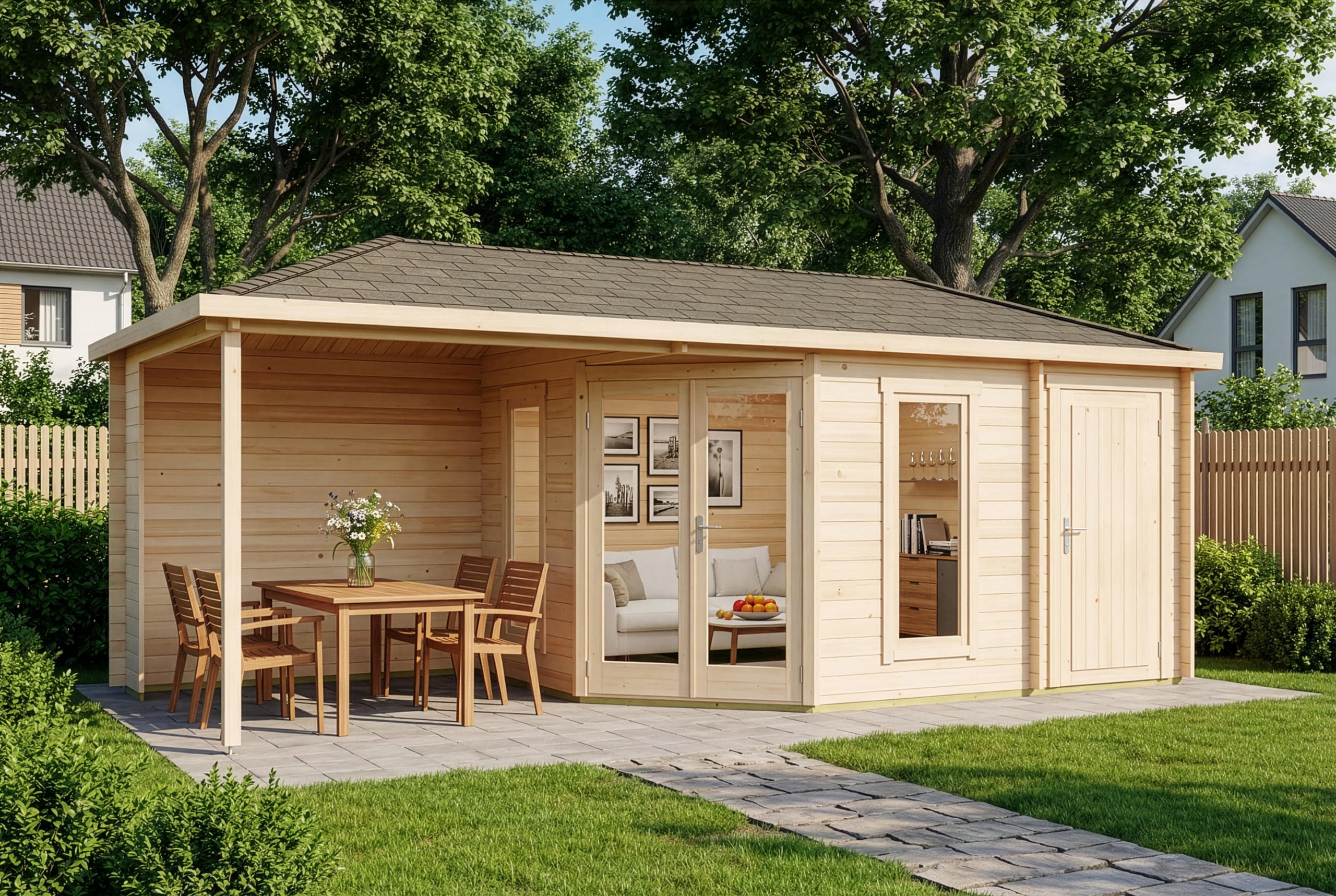 Alpholz 5-Eck Gartenhaus Liwa mit Anbau aus Holz in Naturbelassen mit 28mm Wandstärke und Überdachter Terrasse