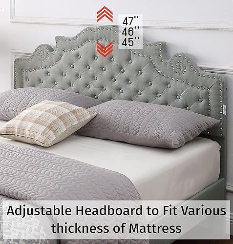 Miniatura 4 de Base de cama de plataforma tapizada completa con cabecero ajustable de 47 pulgadas de alto, cama de lino con botones, soporte de listones de madera