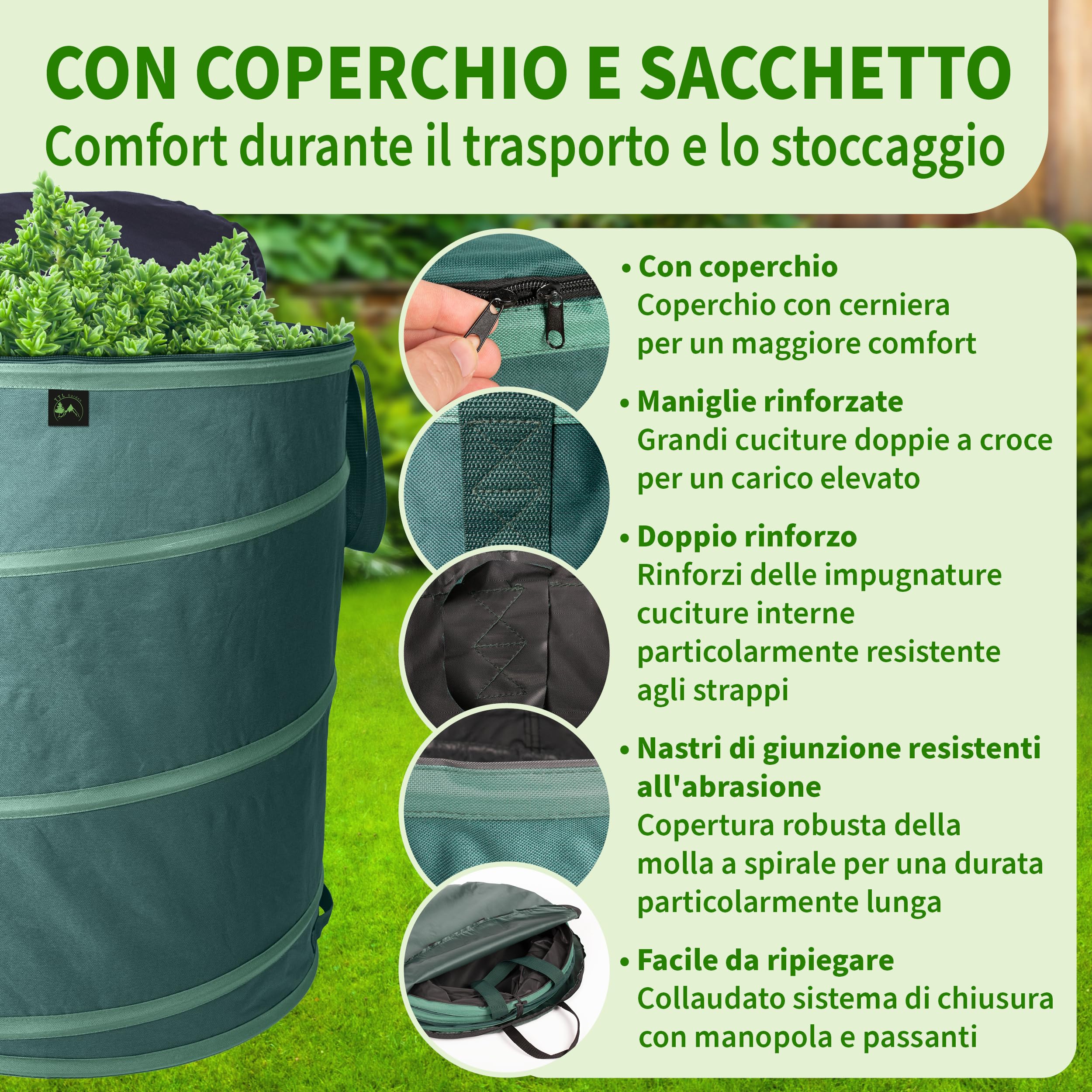 TTL GARDEN Sacco da giardino Deluxe Pop Up da 270 l, con coperchio, 220 g/m², 600D, Oxford, 270 litri, pieghevole, grande, stabile, per il taglio verde, da giardino