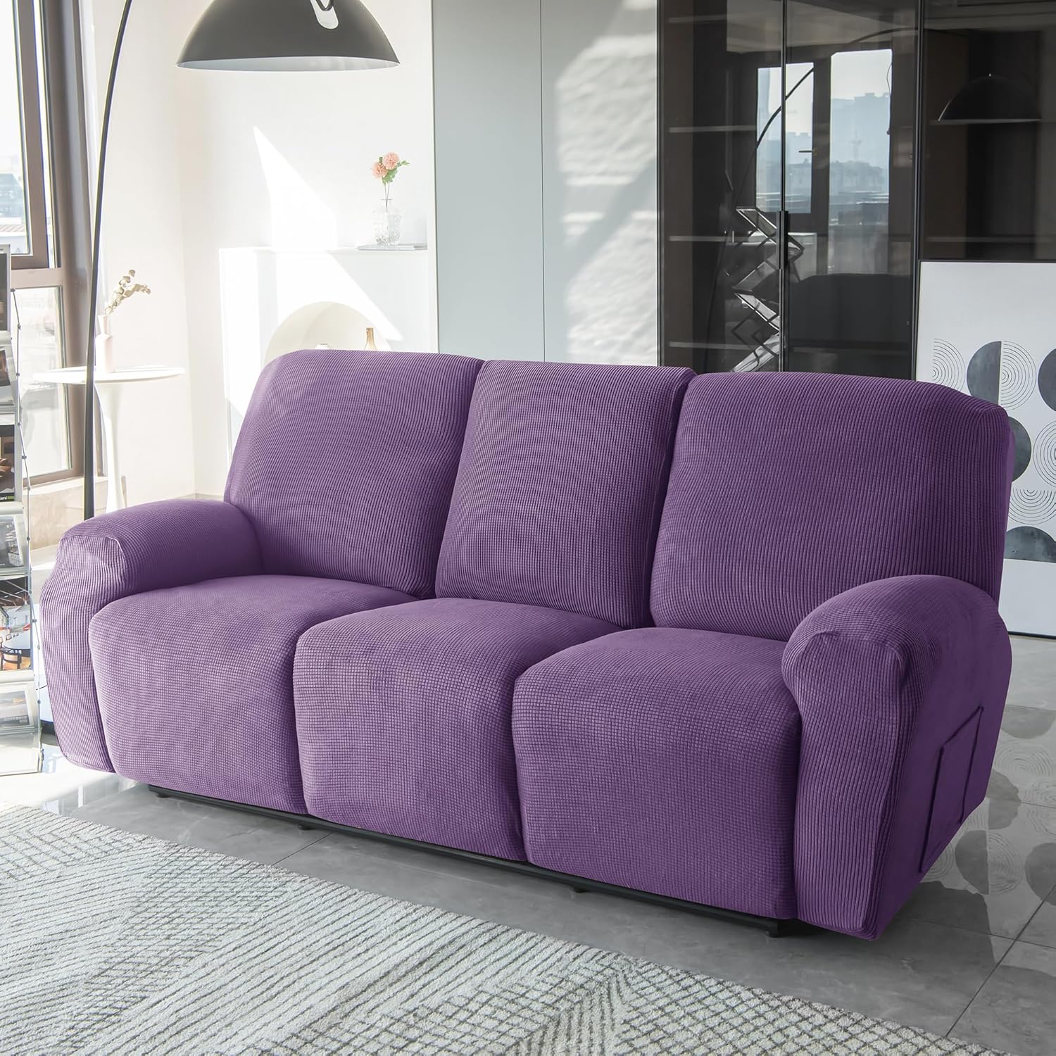 CONRUSER Stretch Recliner Sofa Cover, 8 Pieces Recliner Slipcovers Soft Jacquard Couch Cover for 3 Seater Non-Slip Furniture Protector with Pocket (Purple)