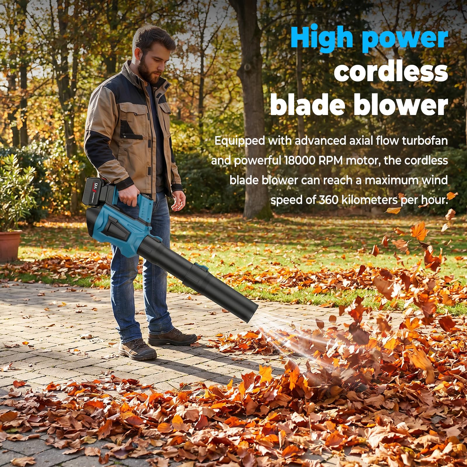 Soplador de hojas inalámbrico de 21 V con 2 baterías de 4,5 Ah y 6 velocidades (azul) | 24000 RPM Soplador de batería con correa y tubo alargado, para mantenimiento del jardín, callejón, hojas, polvo y nieve