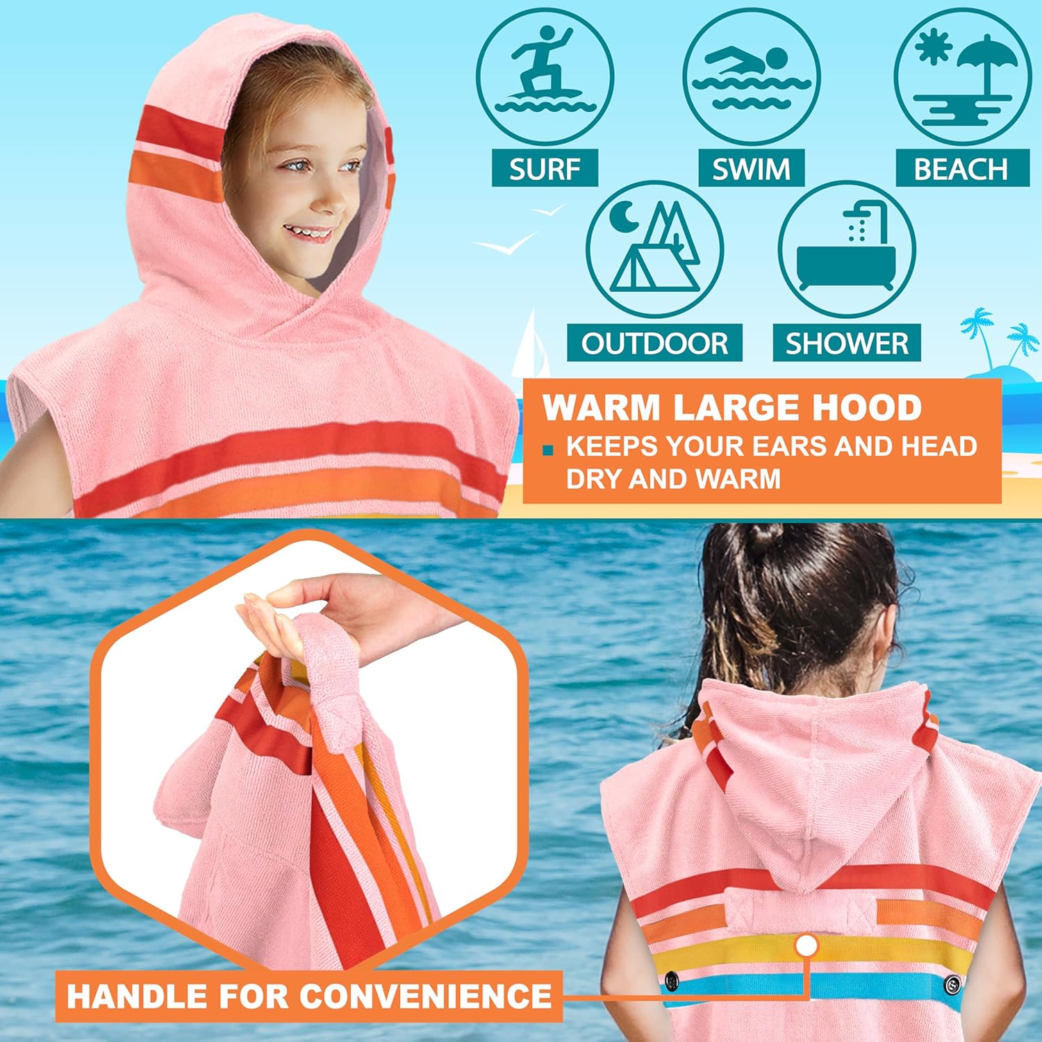 SUN CUBE Kids Changing Robe Surf Poncho, Kids Beach Towels for Teens, Microfiber Hooded Wearable Swim Towel Boys Girls Teenagers