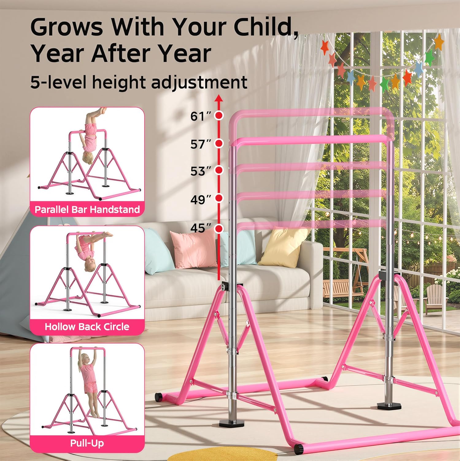 Expandable Kids Gymnastics Kip Bar - Folding Adjustable Height 44''-60'', 300LBS Weight Limit, Heavy-Duty Steel Frame, Home Indoor Training Bar for Kids Ages 3-13, Gift for Young Gymnasts (Pink)