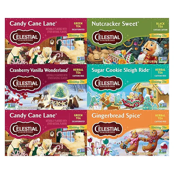 Celestial Seasonings Holiday Tea Sampler Herbal Variety Pack, Caffeine Free, 18 Tea Bags Box (Pack of 6) 1