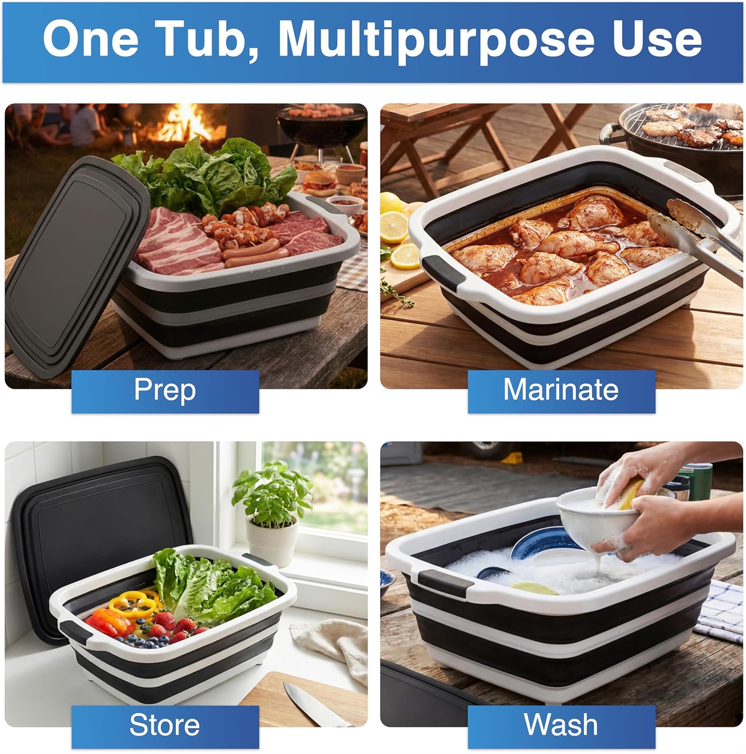 3 Pack BBQ Prep Tub + BBQ Blanket + Meat Shredder Claws | Collapsible 3 in 1 Cutting Board with Colander & Dish Basin, Insulated Meat Resting Bag, Grilling Accessories