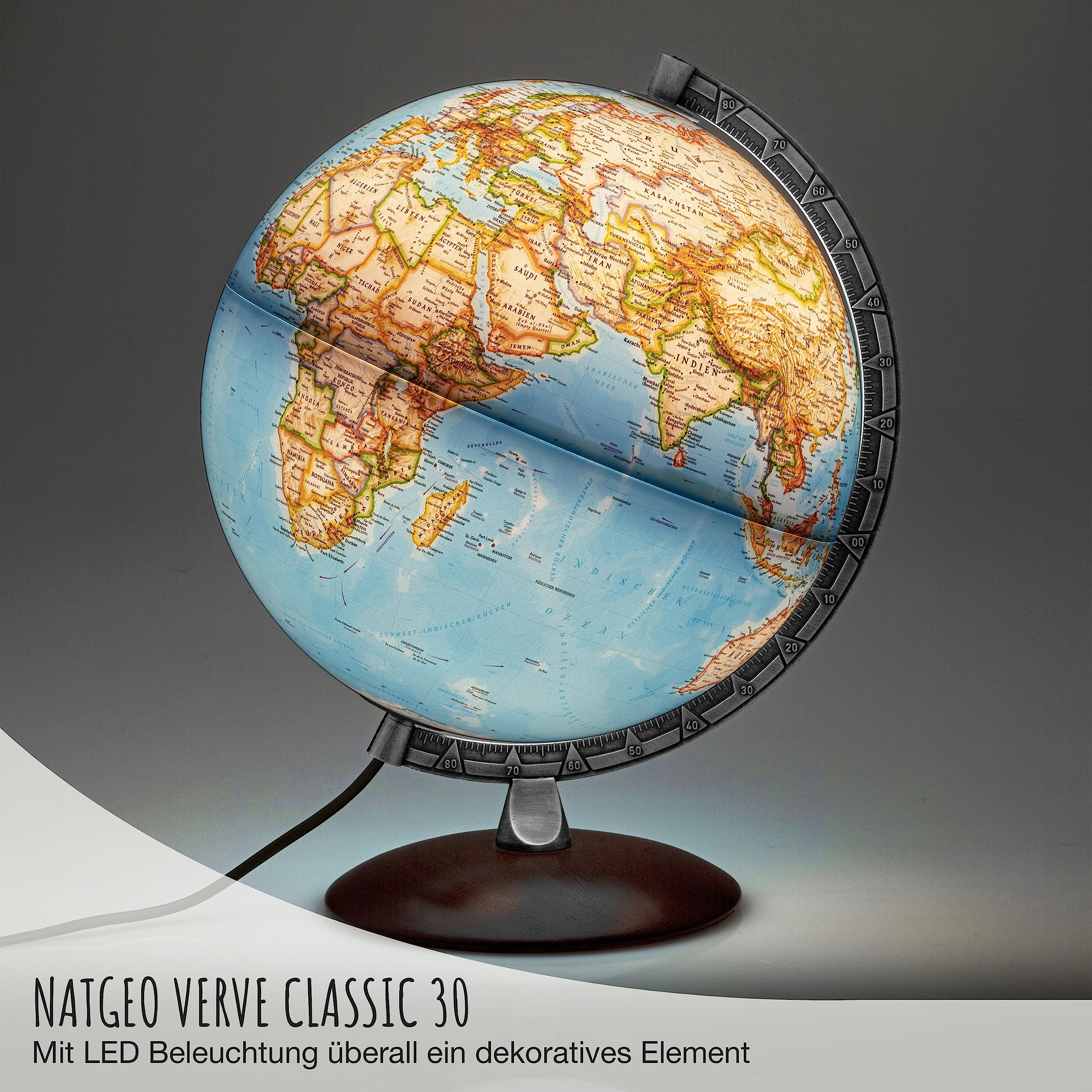 National Geographic Verve Classic Leuchtglobus - 30 cm Globus mit politisch-physischer Kartografie in deutscher Sprache, beleuchtet und mit drehabren Holzfuß und Metallmeridian