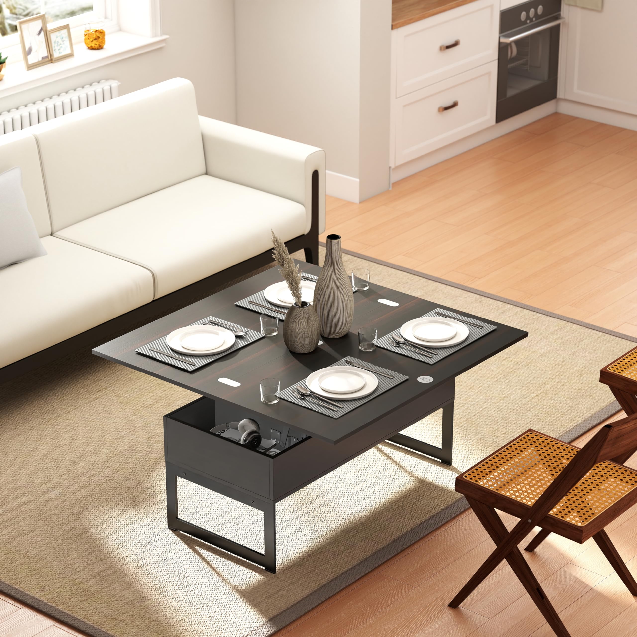 Table Basse Relevable, Tables Basse Extensible Multifonctionnelle 4 en 1 pour Salon, avec 3 Cases de Rangement Cachées, Table Basse Convertible Manger (Pied métallique, Noir brunâtre)