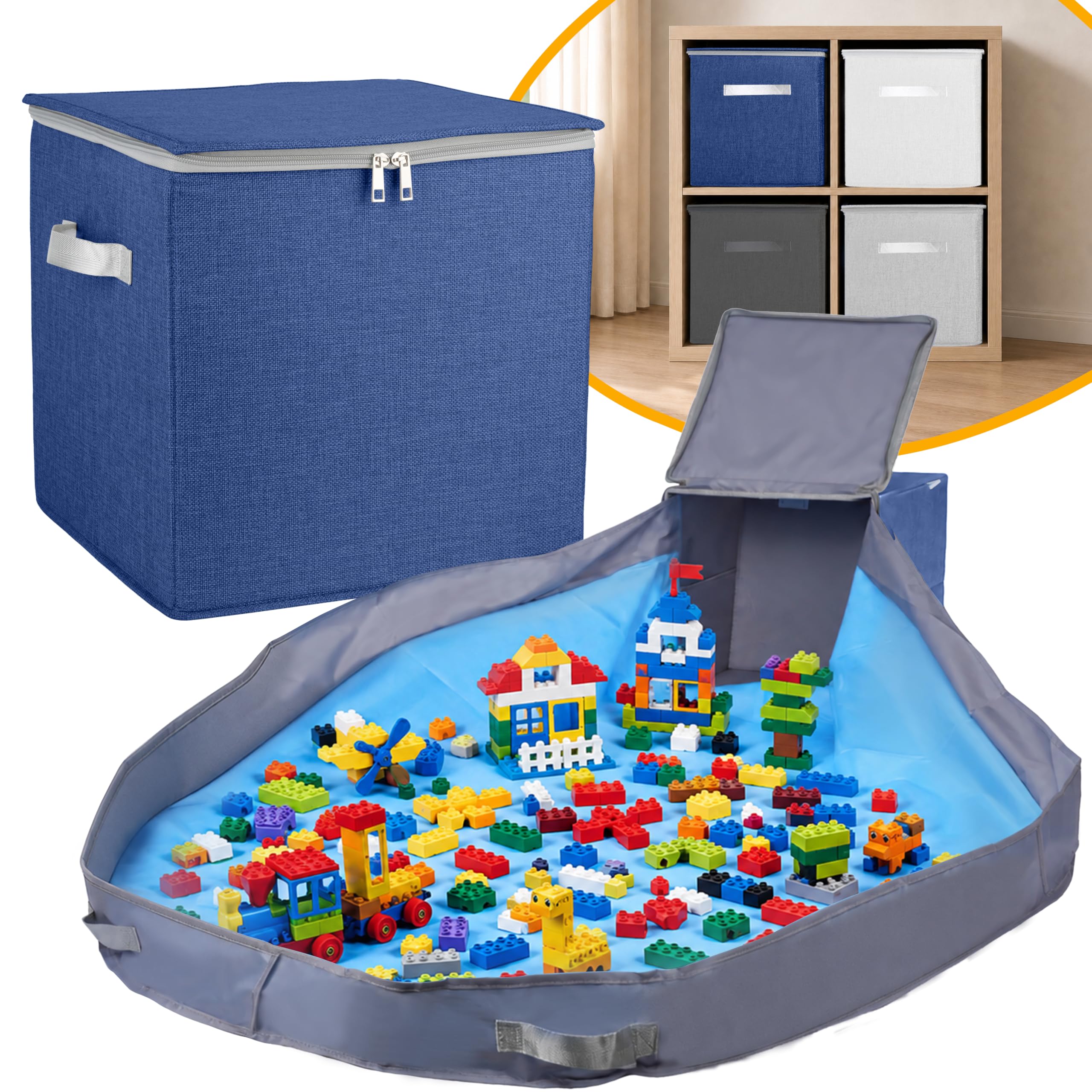 SAM AND MABEL Spielzeug-Aufbewahrungs-Organizer mit Spielmatte für Kinder, 33 x 33 x 33 cm, stapelbare und faltbare Körbe für Spielzimmer, Kindergarten für Jungen und Mädchen (Edelblau)