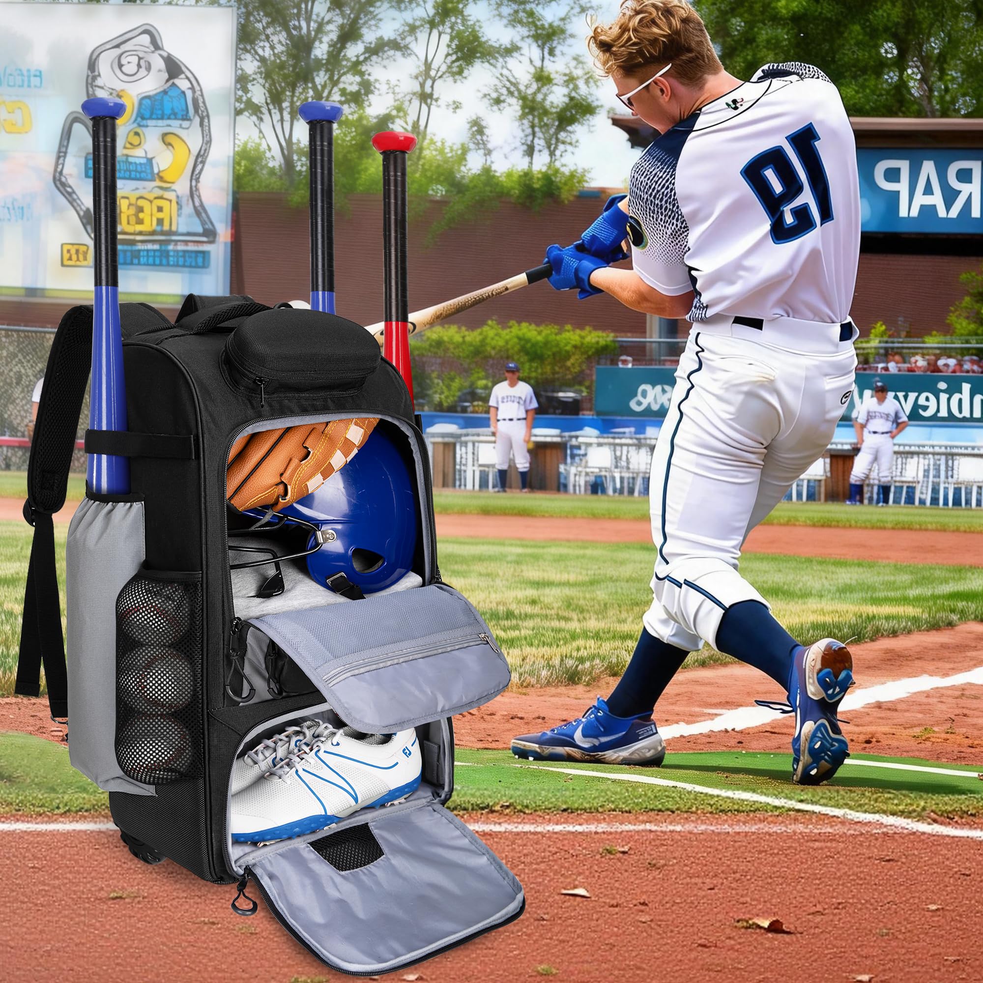 GOBUROS Baseball Rucksack mit Rollen, Softball-Ausrüstungstasche für 4 Schläger, Rollrucksack mit Schuhfach und Mehreren Taschen für Baseball Ausrüstung und Zaunhaken