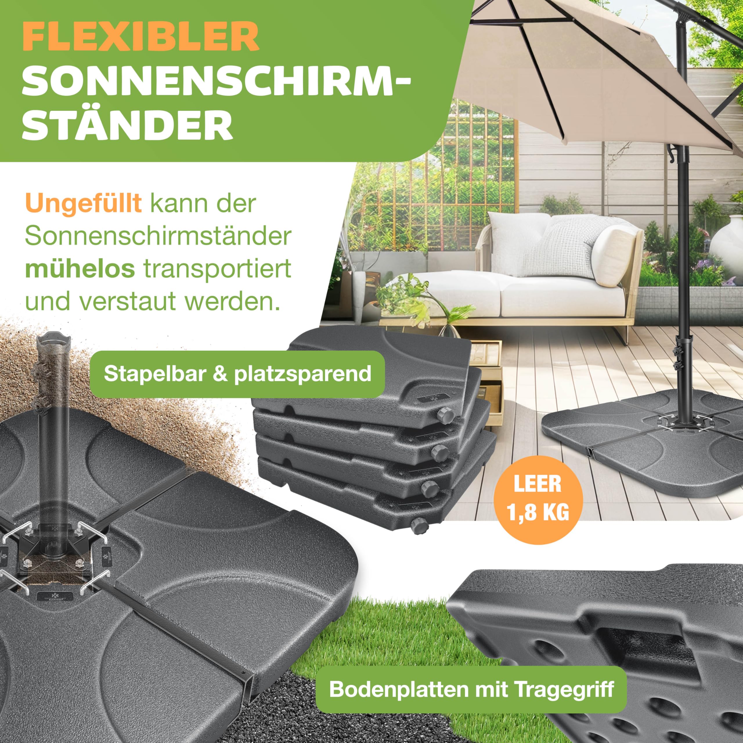 KESSER® Sonnenschirmständer 4-teilig Schirmgewicht Schirmständer für Ampelschirm Bodenkreuz 60 Liter / 80 kg befüllbar mit Wasser oder Sand Inkl. Metallverbinder Ampelschirmständer Kunststoff,