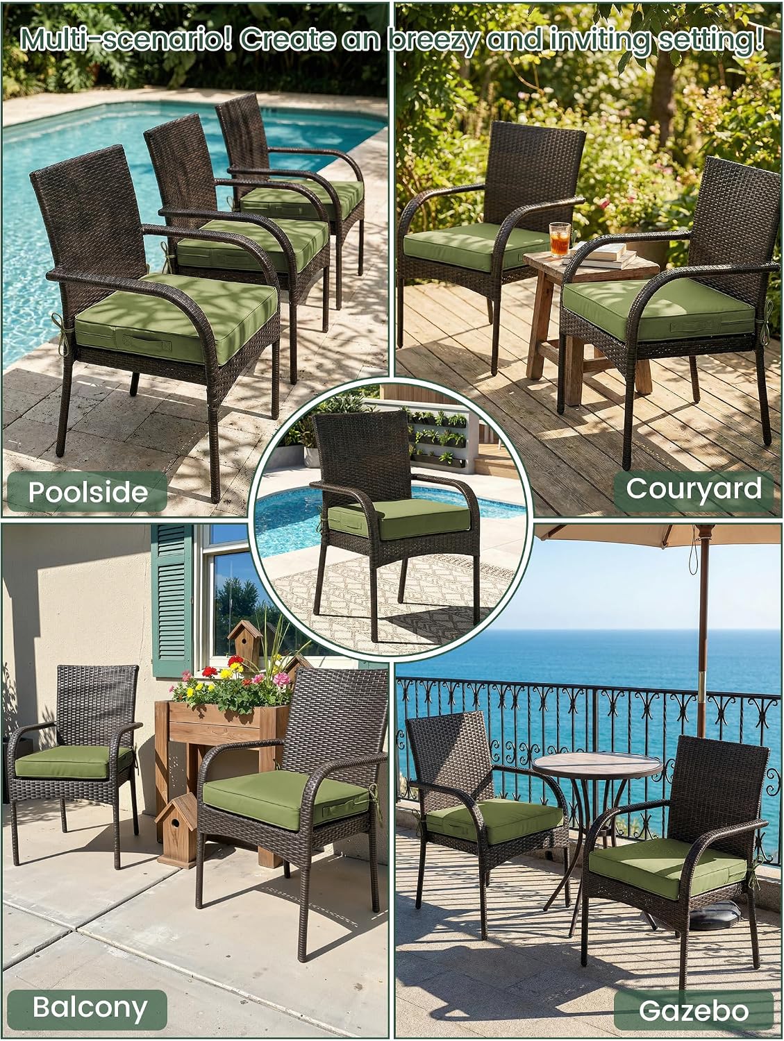 Outdoor Chair Cushion 18.5 x 16 x 4 Inches Patio Furniture Outdoor Waterproof Seat Cushion, Patio Chair Cushion with Handles and Ties, Square Dining Chair Cushion Set of 2, Light Green