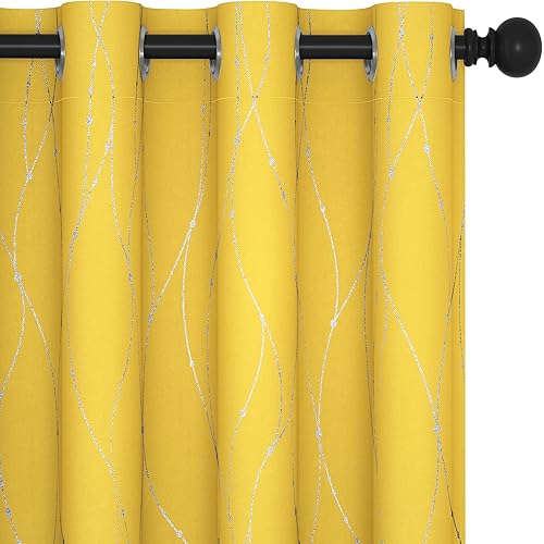 Deconovo Blackout Curtains for Bedroom, 72 Inches Long - Room Darkening Curtains, Grommet Window Curtain Panels, Wave Line and Dots Pattern (52 x 72 Inch, Mellow Yellow, Set of 2)