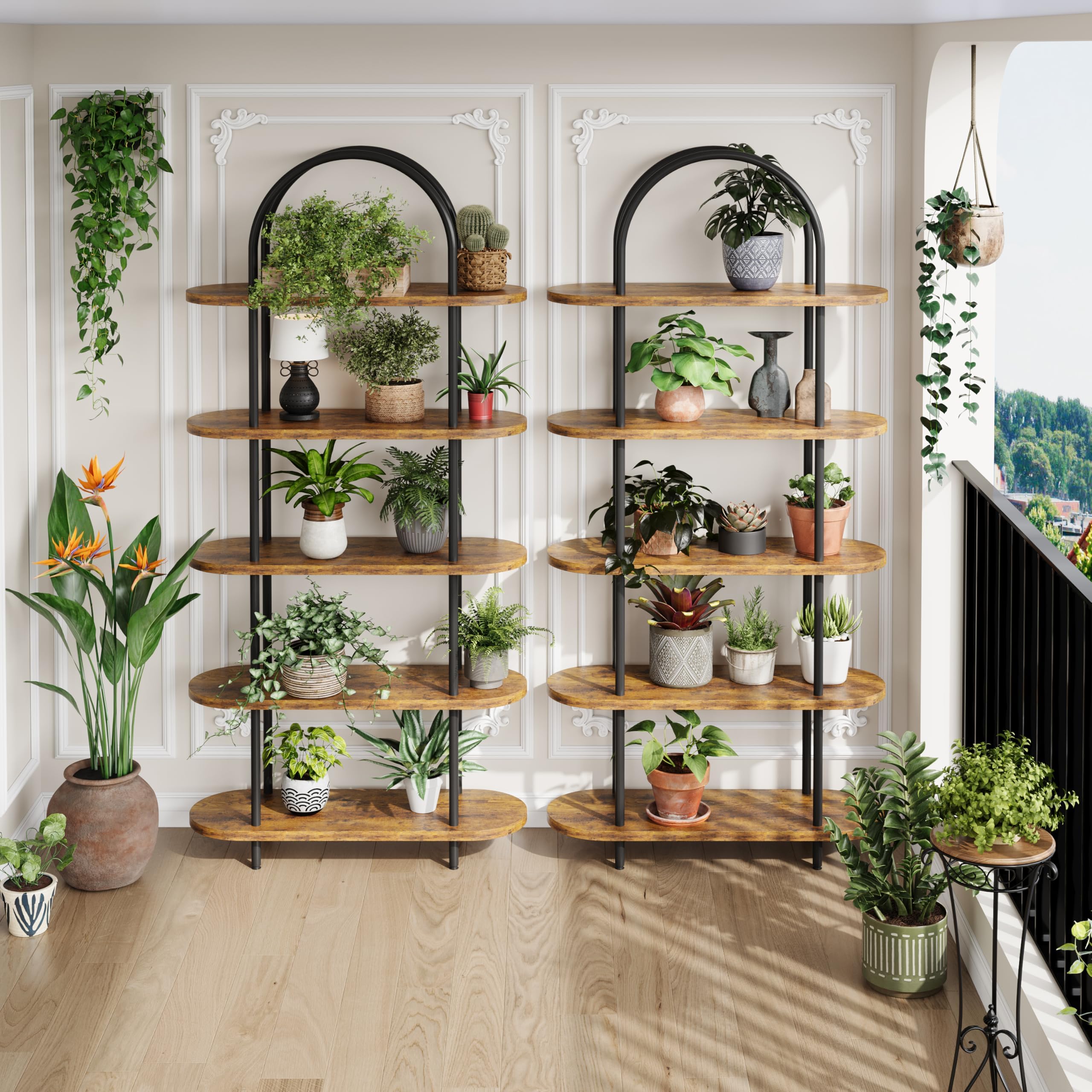 IDEALHOUSE Set di 2 librerie da 180 cm, design ad arco, scaffale aperto a 5 livelli, scaffale alto stretto con telaio in metallo, per casa, ufficio/soggiorno, 1 articolo, più scatole
