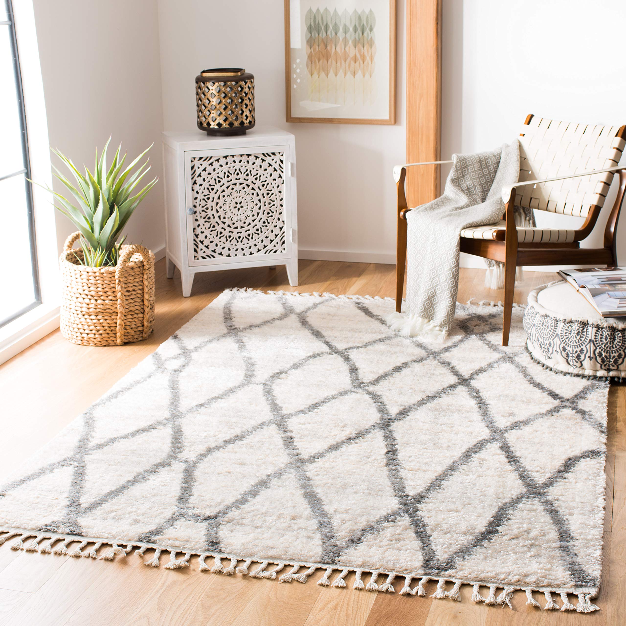 Tapis Berber Fringe Shag poil court facile à nettoyer crème gris