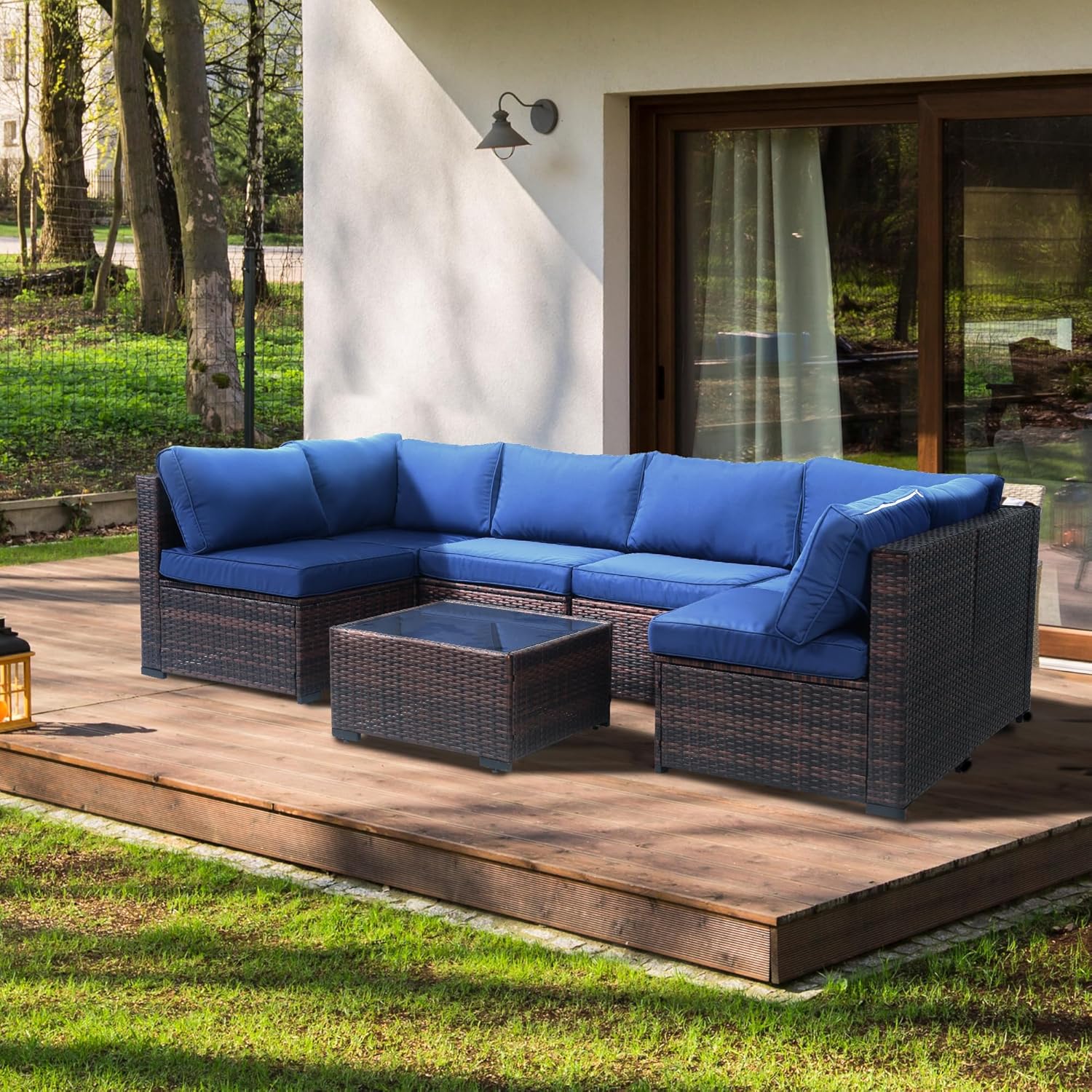7 Piece Outdoor Patio Furniture Set, Rattan Weather-Resistant Outdoor Conversation Set, Outside Furniture Patio Sectional Sofa Set with Thick Cushions and Coffee Table, Dark Blue 7 Sets Blue - Image 1 of 9
