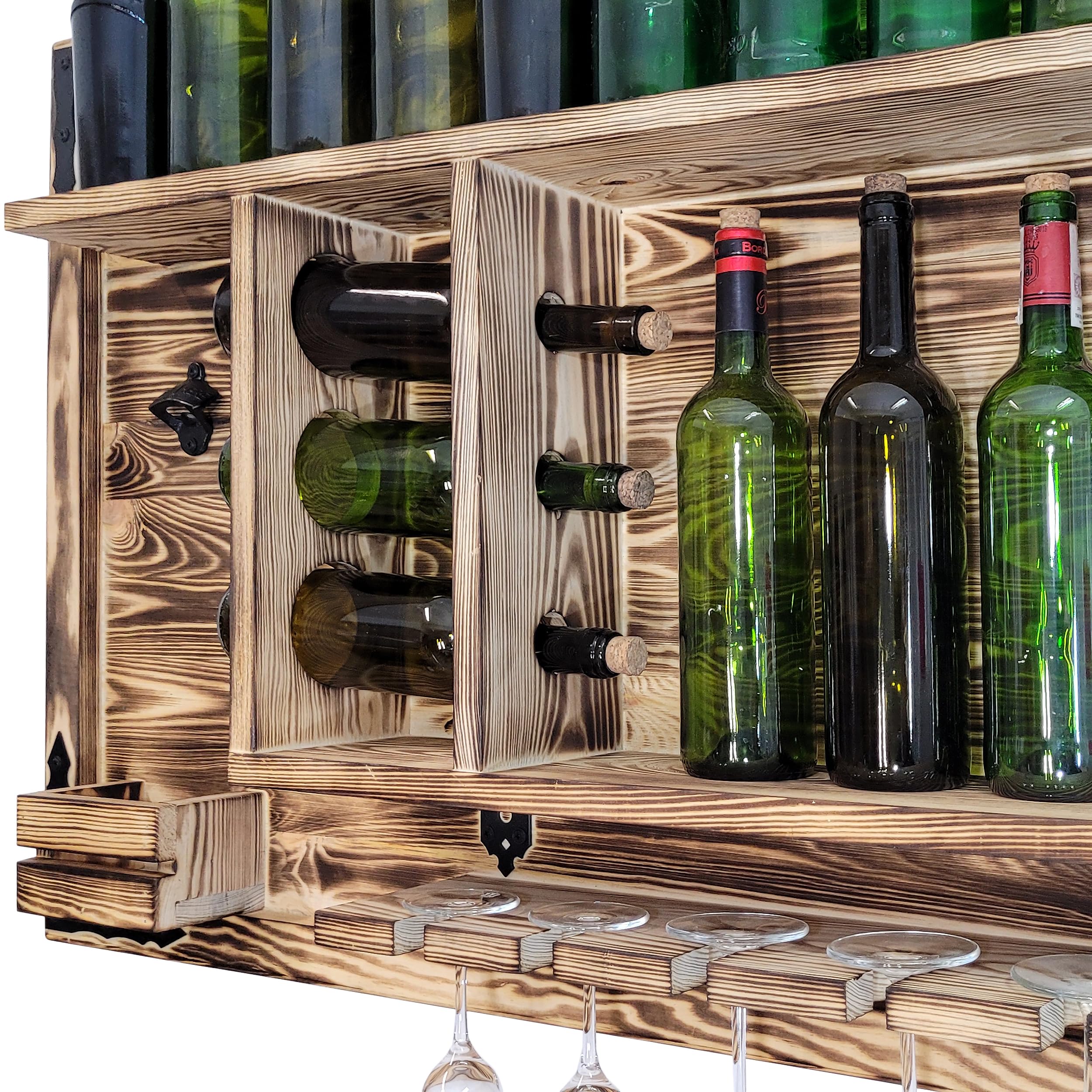 weeco Étagère en bois pour bar à la maison à suspendre - Fabriquée à la main - Style rustique - Étagère murale en bois - Pour bar à vin - Cadeau pour homme - Image 3D en bois