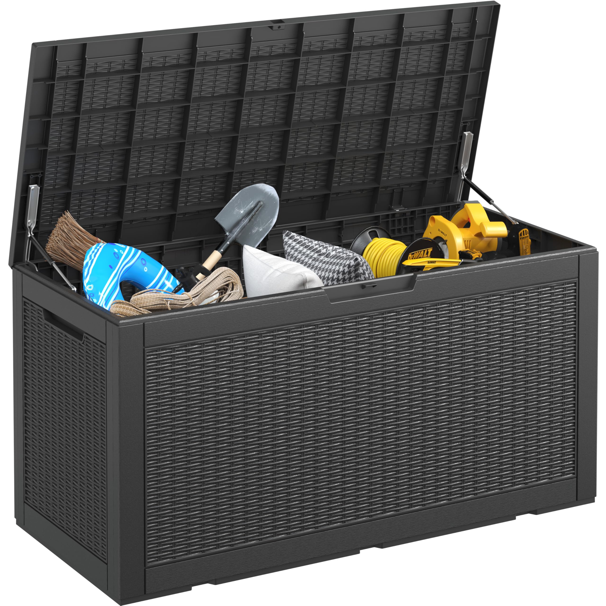 Large Waterproof Resin Deck Box, Lockable Outdoor Storage Box with Gas Lift, Patio Cushions, Garden Tools, Pool Supplies, Indoor Outdoor Storage Container, Black