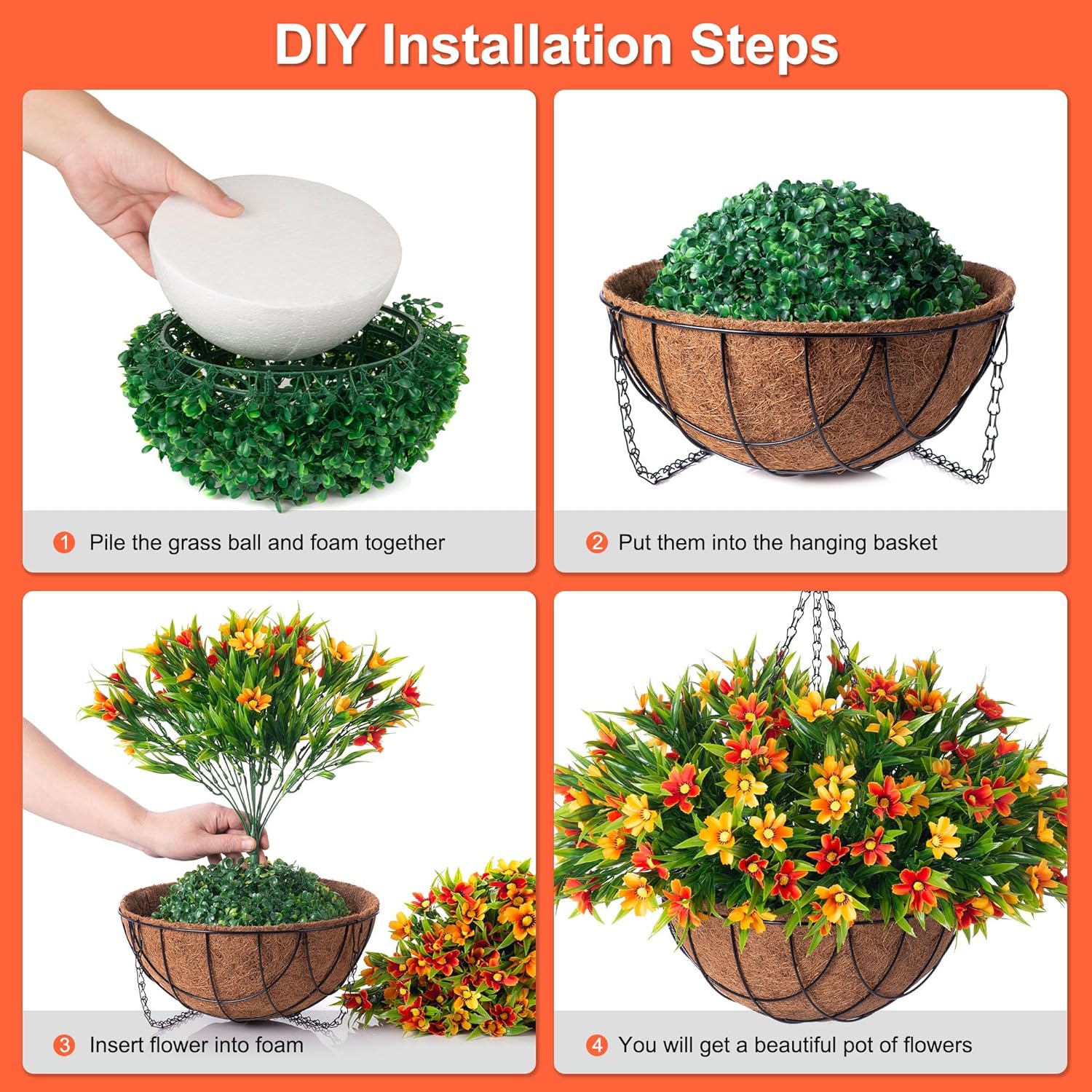 INXUGAO Artificial Hanging Flowers with 12" Basket for Outdoor Decor, Faux Silk Daisy Flower UV Resistant Plants Arrangements Decoration for Indoor Porch Garden Yard(Orange)