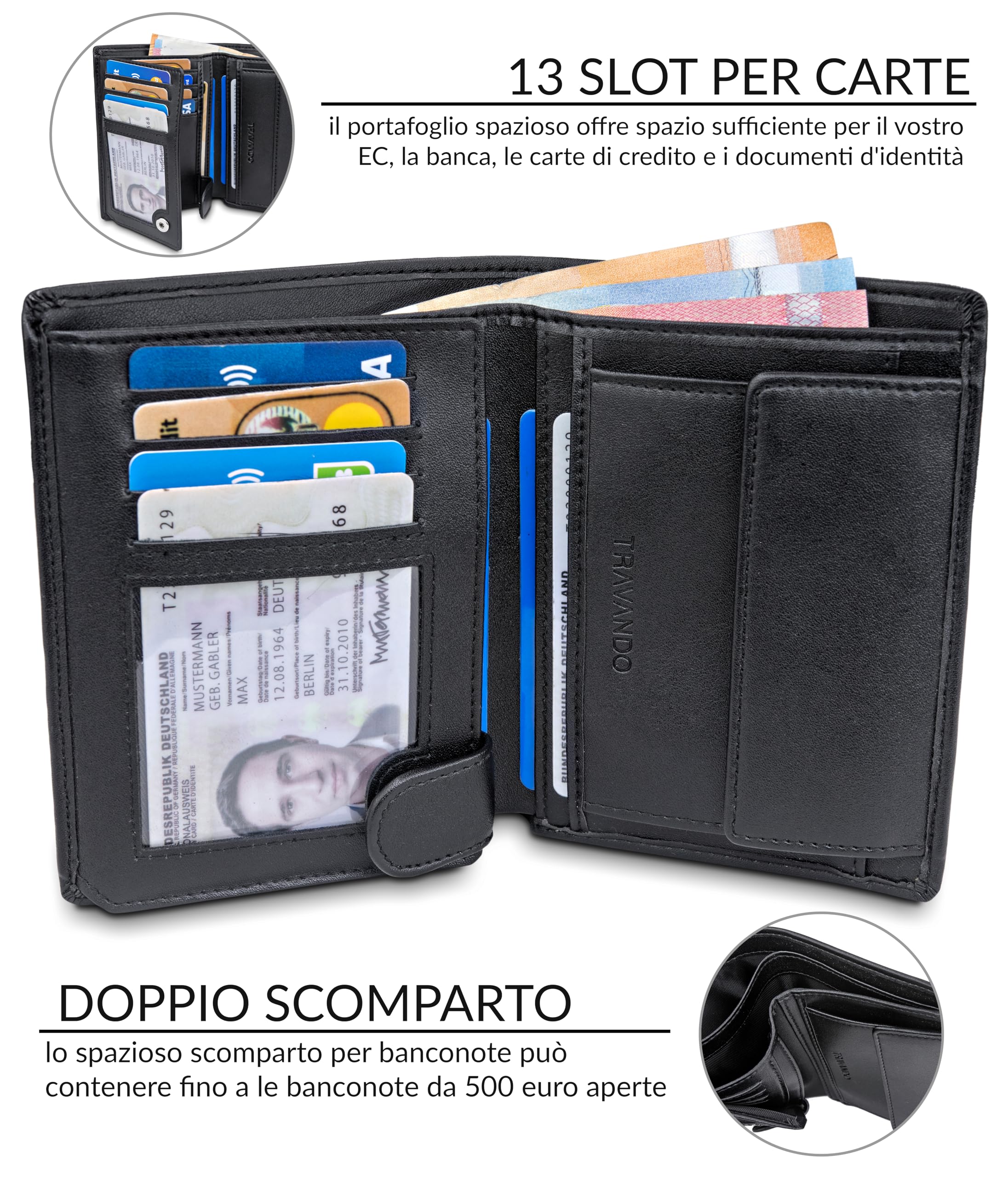 TRAVANDO Portafoglio Uomo Roma con protezione RFID - Porta Carte di Credito con Portamonete in formato Verticale