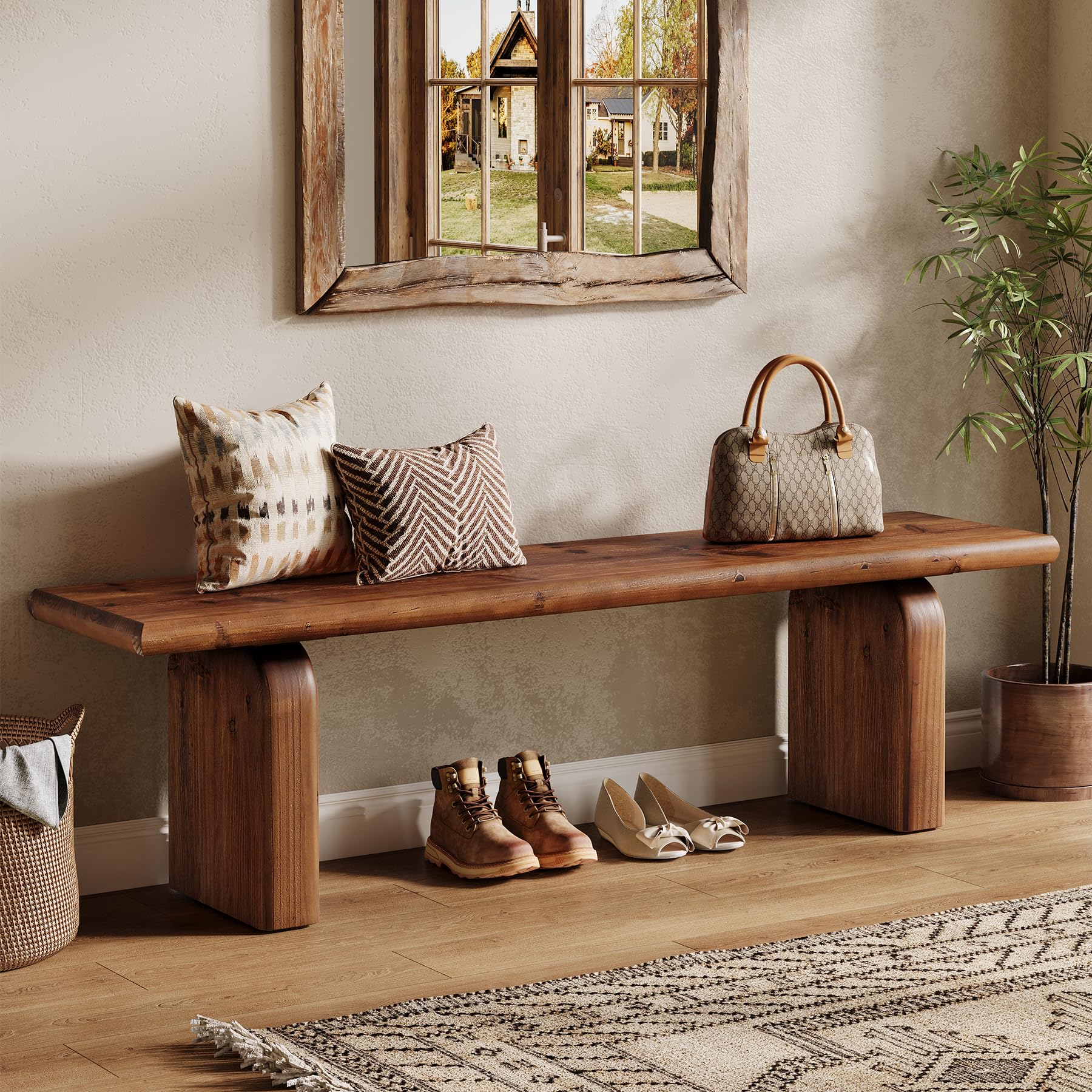 62.99" Solid Wood Entryway Bench, Indoor Wooden End of Bed Bench | Farmhouse Style, Ideal for Entryway, Hallway, Bedroom, Dining Room, Living Room, Easy Assembly, Rustic Brown