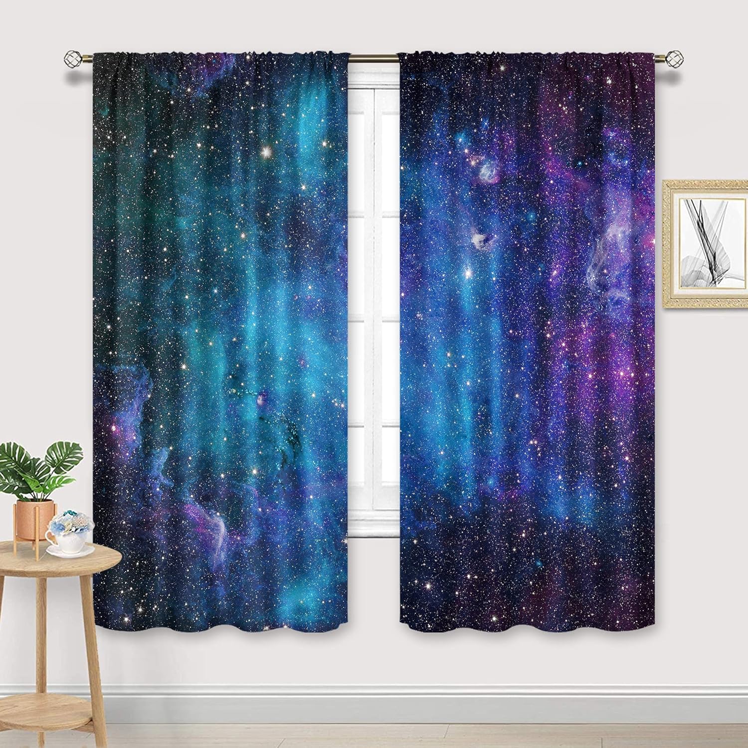 Cinbloo Kids Galaxy Outer Space Nebula Curtains 42W x 63L Inch Rod Pocket Blue Universe Planets Boys Girls Constellation Fantasy Starry Stars Trippy Bedroom Living Room Window Drapes Fabric 2 Panels