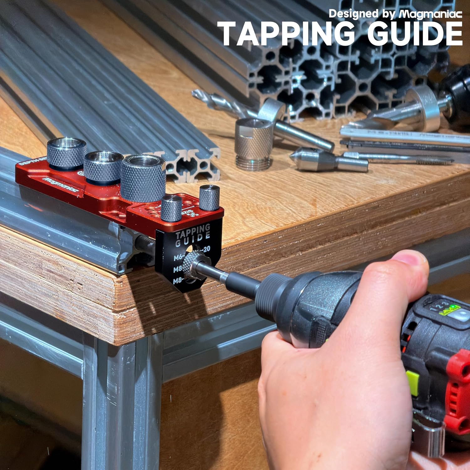 Upgrade Aluminum Profile Drill Guide Access Hole Drill Jig Step Drills, Drill Bushings Tapping Guide + Chamfer Tool, Ultimate Jig for Precision Aluminum T-Track Installation (Red-Black)