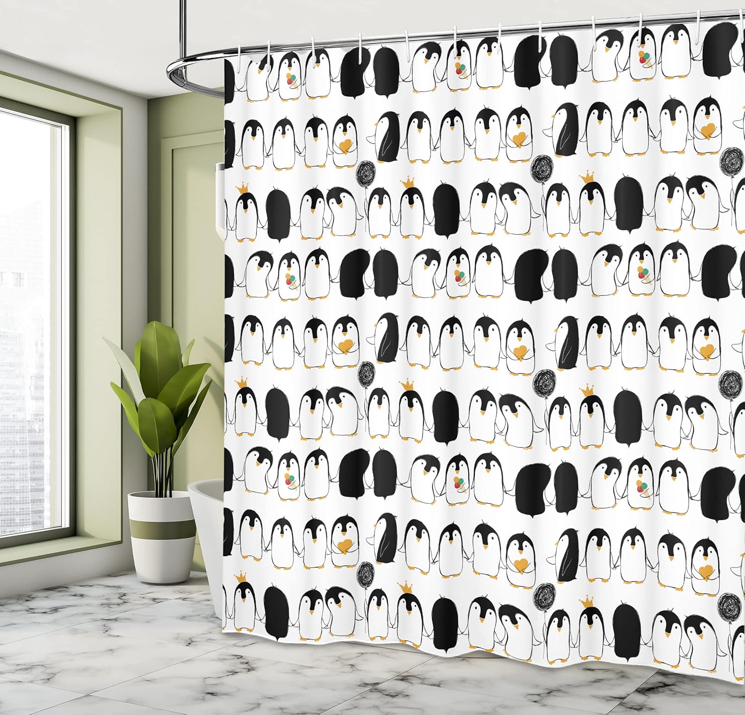 Ambesonne Penguins Shower Curtain, Themed Cartoon Arctic Animals Holding Hands, Cloth Fabric Bathroom Decor Set with Hooks, 69" W x 70" L, Charcoal Grey Marigold
