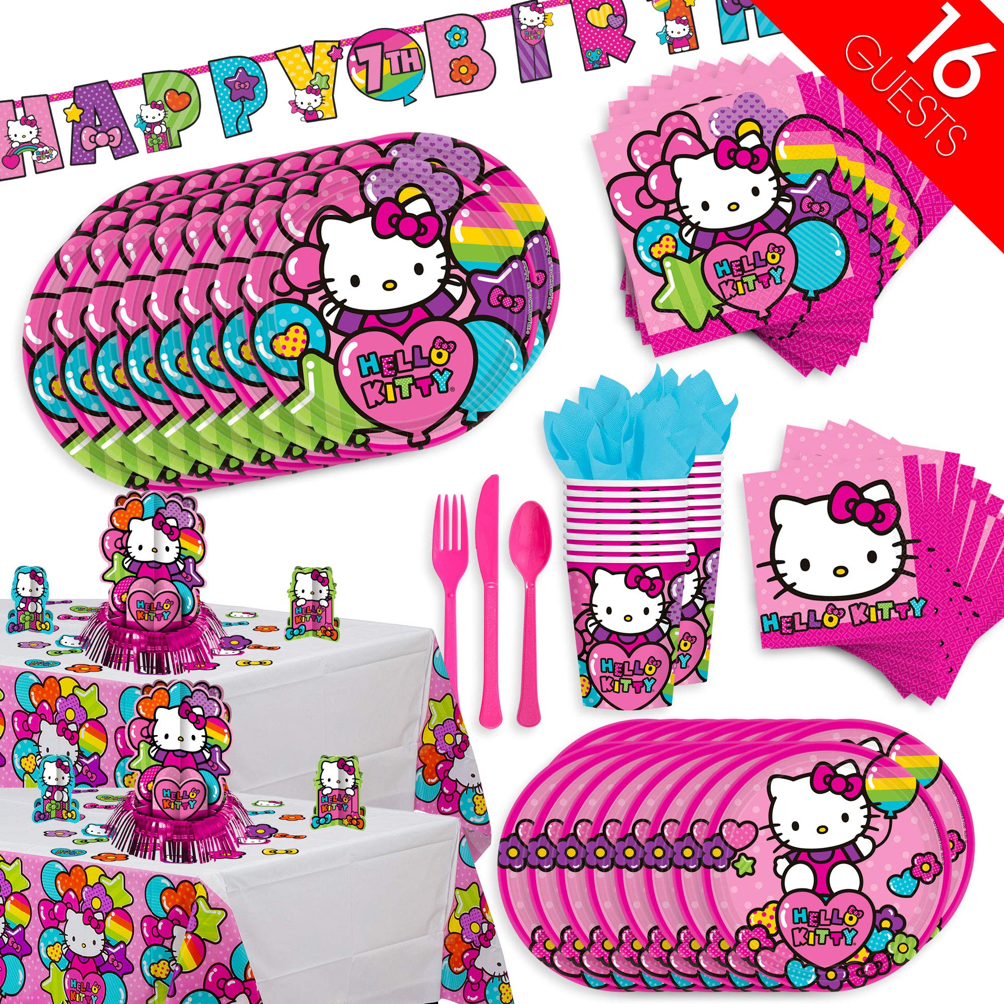 amscan Hello Kitty Party Supplies For 16 People, Includes Plates, Cups, A Banner, Table Cover, Decorating Kit, Cutlery, Tissues, Multicolor, EUrope, Hellokitty16