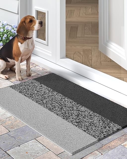 DEXI Door Mat Outdoor 43.5 X 75 cm,Dirt Trapper Mat Non Slip,Front Doormats Outside Shoes Scraper,Waterproof,Easy-Clean Entrance Outdoor Rug for Back Door,Hallway,Garage(Striped-Grey)