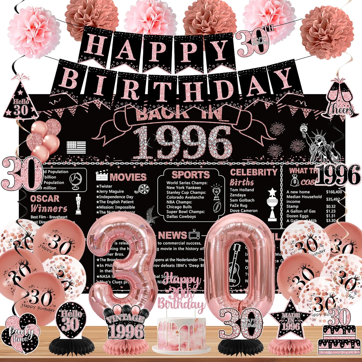 DARUNAXY 30th Birthday Party Decorations for Women, Rose Gold Back in 1996 Banner, Rose Gold 30 Number Balloons & Cake Topper, Vintage 1996 30 Birthday Honeycomb Hanging Swirl Confetti Balloons(30PC)