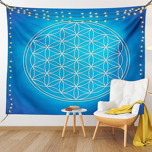 Miniatura 9 de Ambesonne Tapiz geométrico, patrón de cuadrícula de flores de la vida que consta de tipos de círculos superpuestos, colgante de pared ancho para