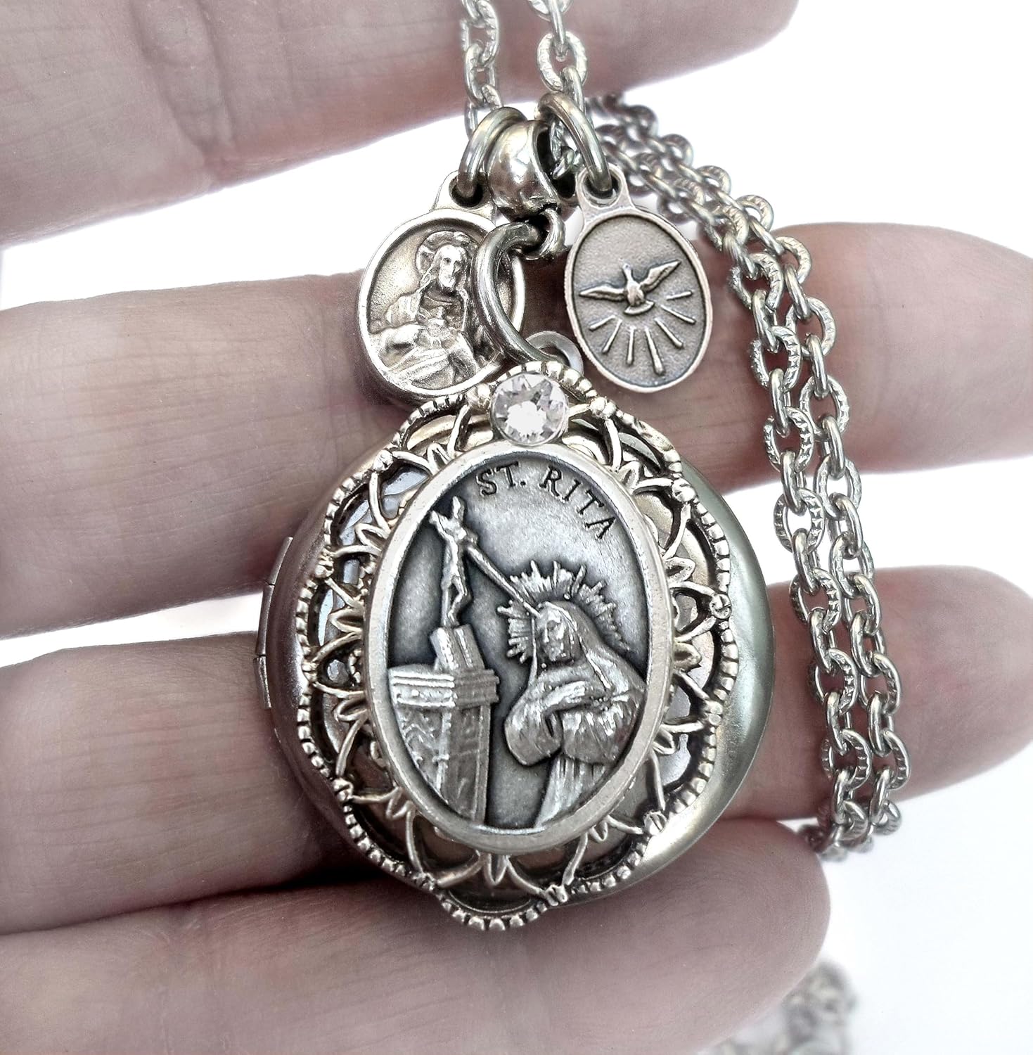 St. Rita Locket Necklace, Patron Saint Confirmation Gift, Catholic Devotion Jewelry Gift - Image 2
