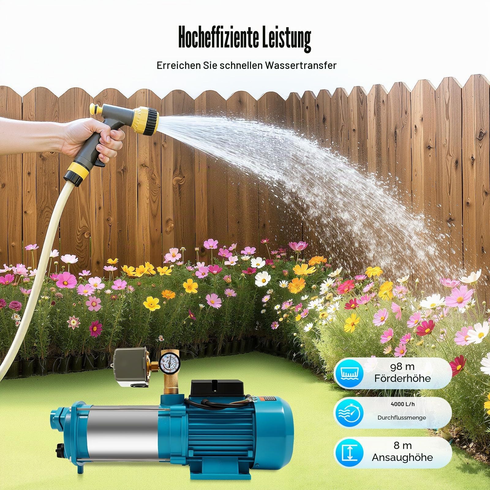 Edelstahl Kreiselpumpe 1300W 4000L/h, Selbstansaugende Gartenpumpe mit 98M Förderhöhe, Hauswasserwerk mit Druckschalter, Gartenbewässerungspumpe für Haushalt und Landwirtschaft