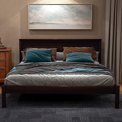 Miniatura 35 de P PURLOVE Base de cama de tamaño matrimonial, cama de plataforma de madera maciza con cabecero, no necesita somier, color blanco