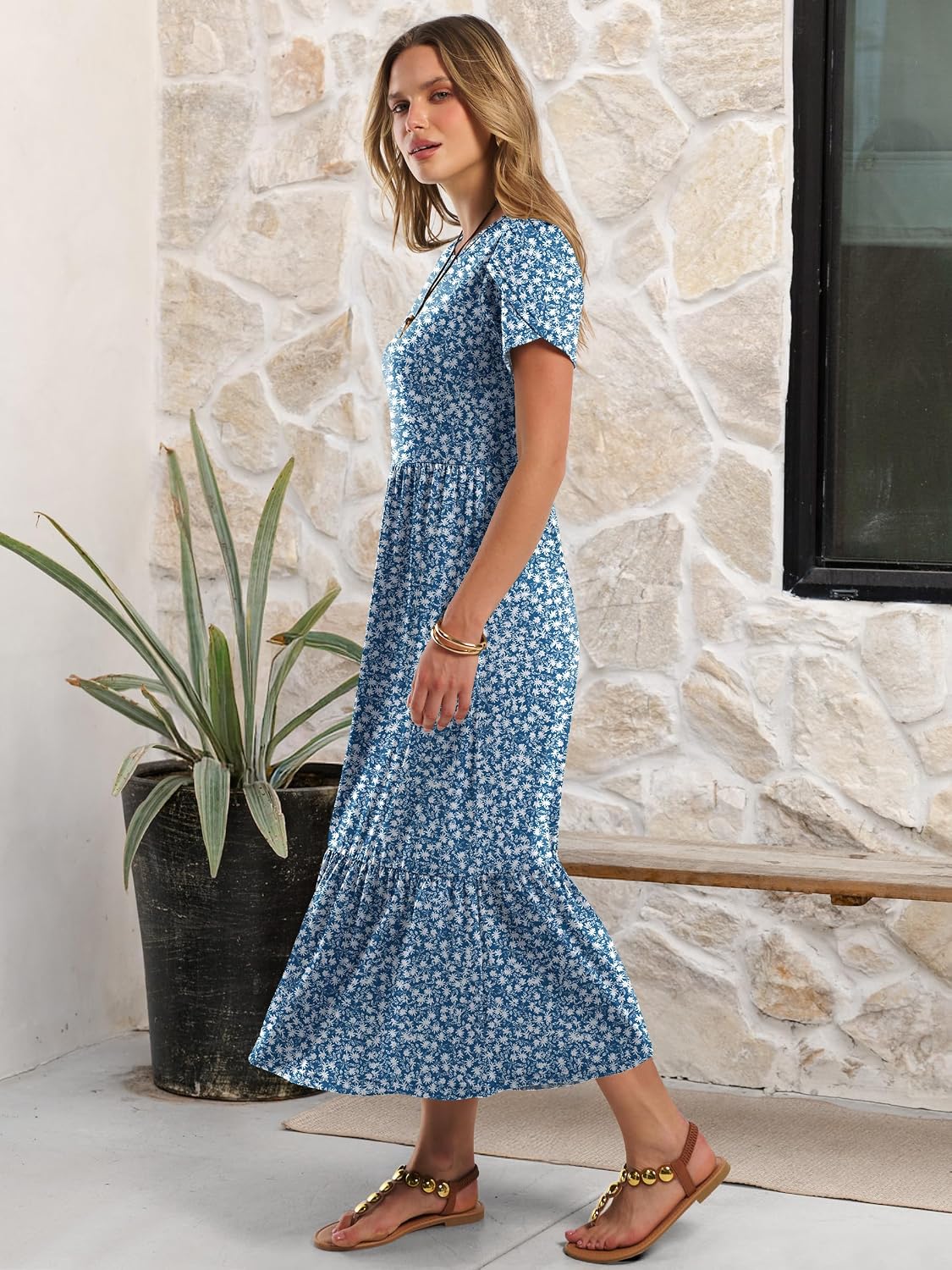 ANRABESS Womens Summer Petal Short Sleeve Maxi Dress with Pockets image 4