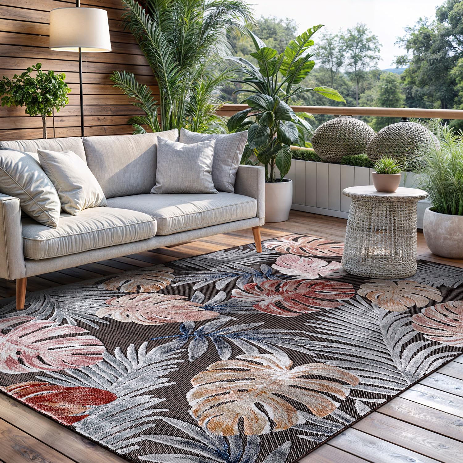 CAMILSON Indoor Outdoor Rug, Brown 4x6 Leaf Tropical Botanical Area Rugs for Indoor and Outdoor patios, Easy-Cleaning Non-Shedding Living Room, Garden