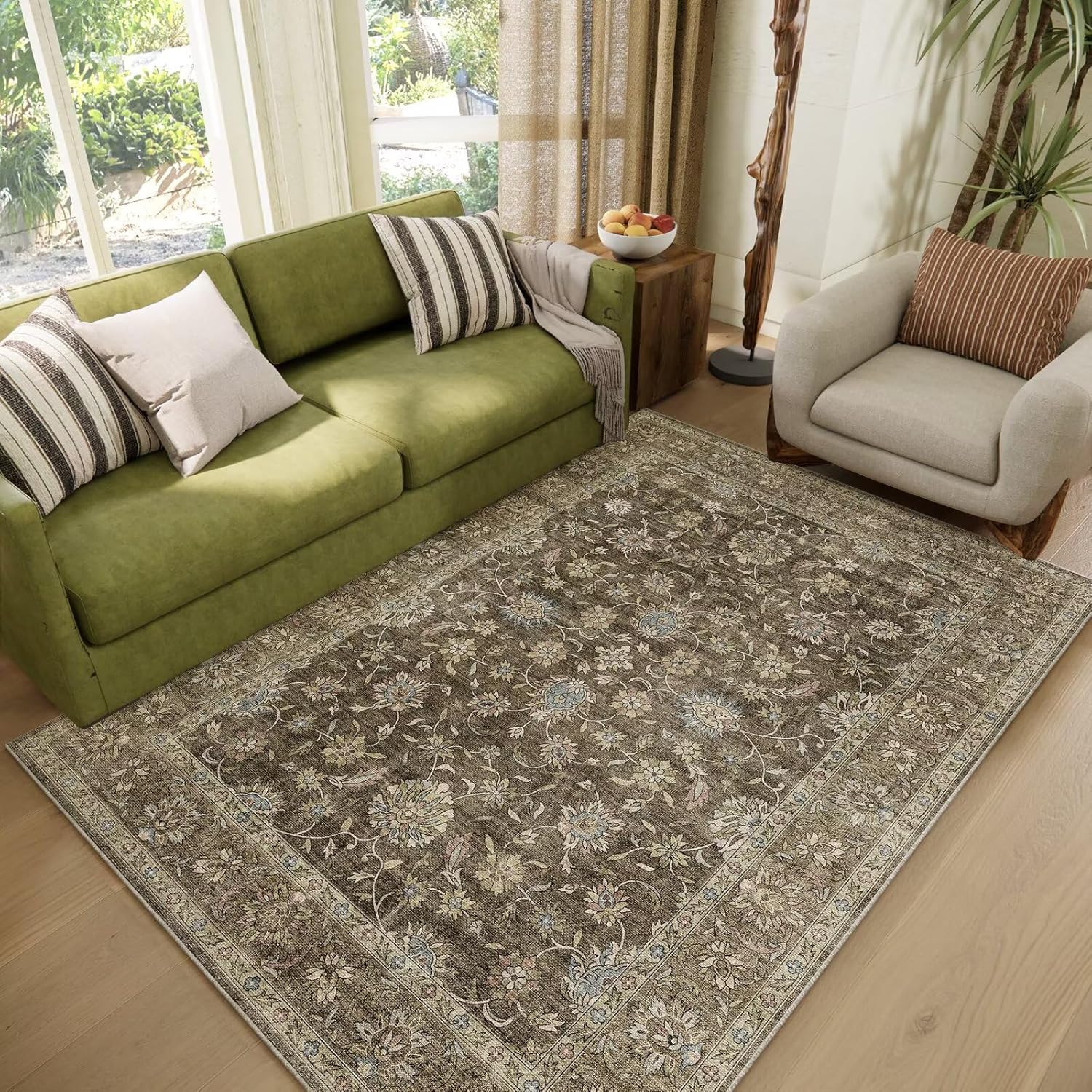 Washable 5x7 Area Rugs for Living Room, Boho Non-Slip Silicone Backing Rugs for Bedroom Dining Room Nursery Office, 0.3" Neutral Oriental Throw Carpet with 0.16" Cushioning Pad, Grey/Multi