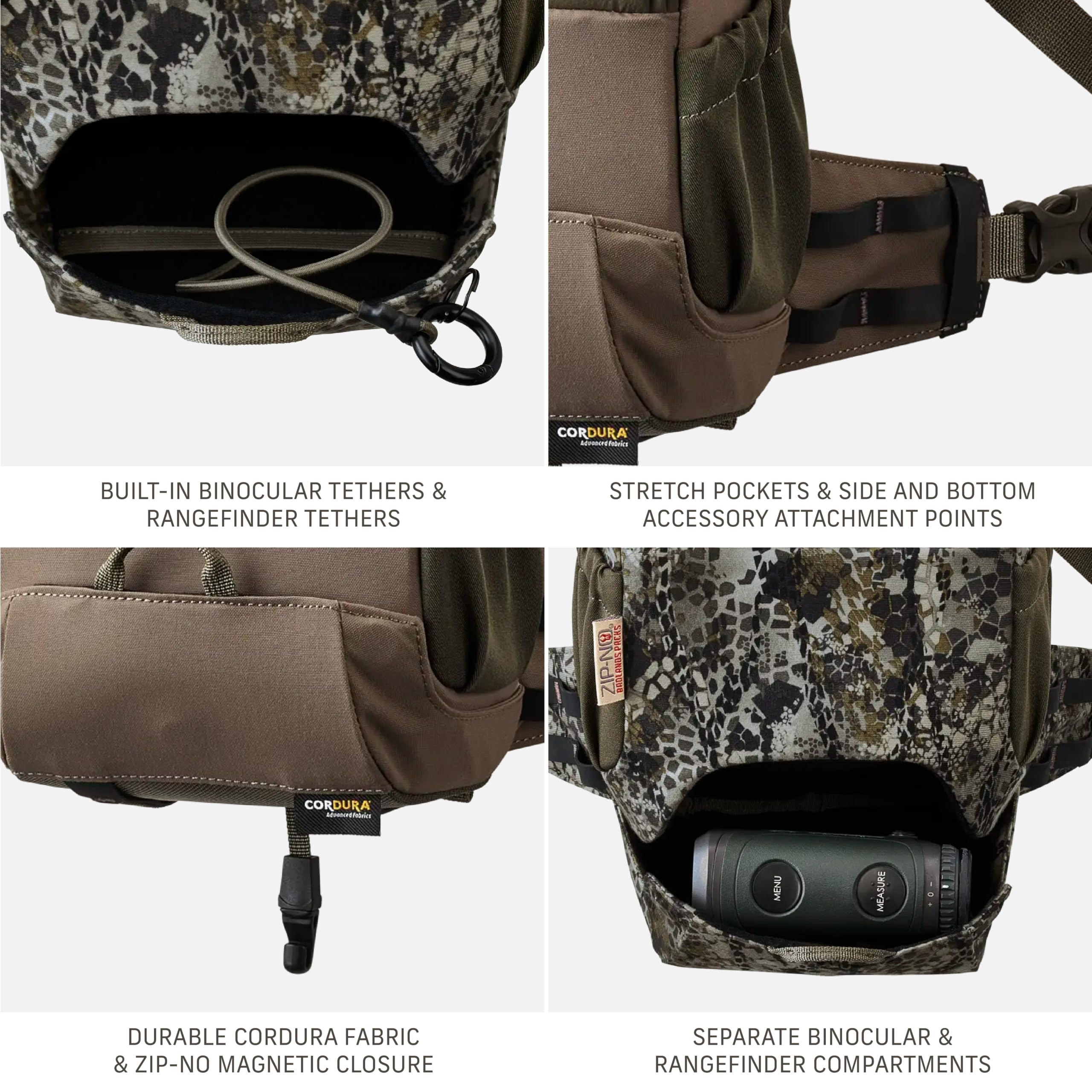 Badlands Bino XR Pro Étui pour jumelles avec harnais d'épaule à quatre points, fermeture magnétique, compartiment télémètre, crochet pour arc pour la chasse et les aventures en plein air, olive