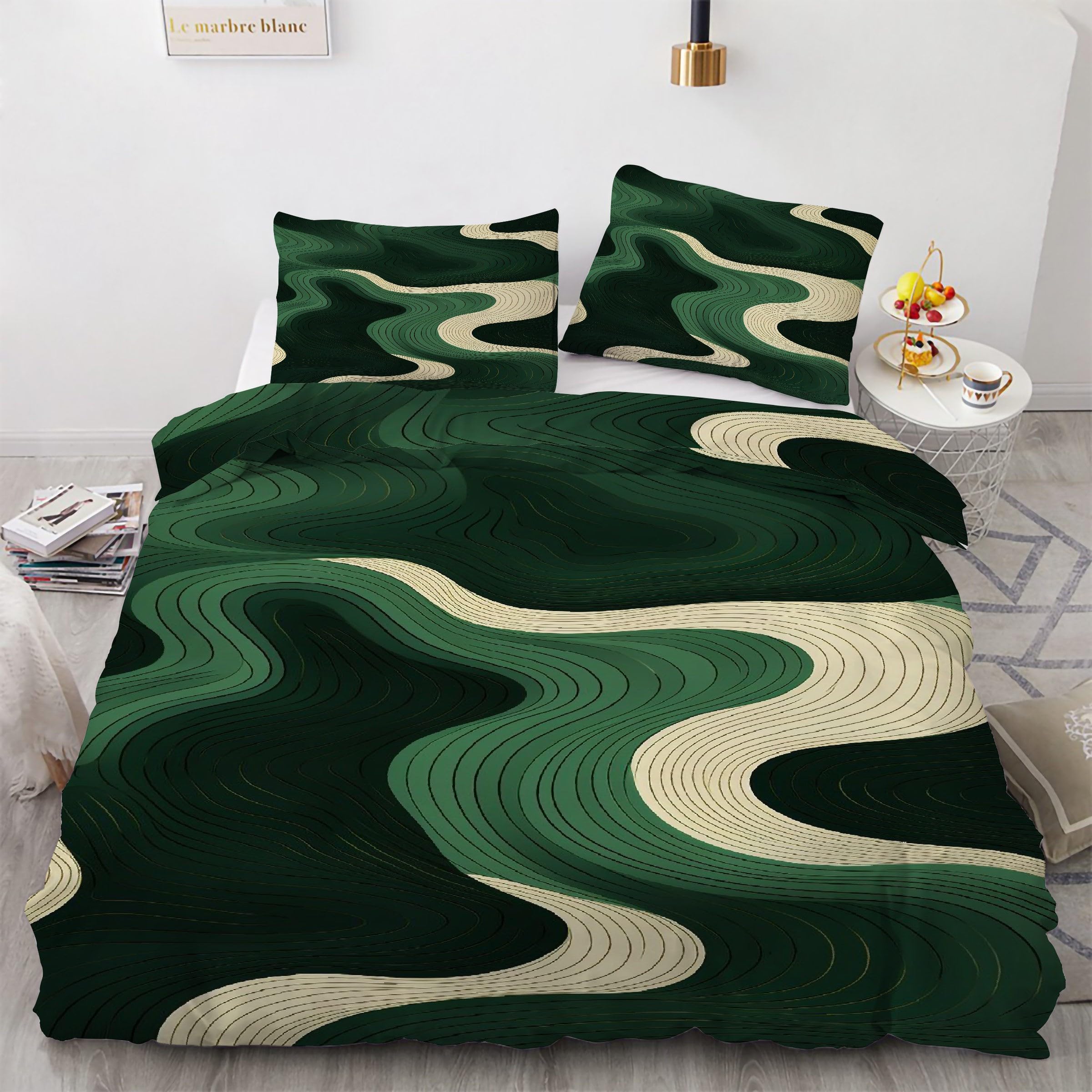 Housse de Couette 240 x 260 Vert Parure de Lit Lignes De Texture 3 Pièces Microfibre Kg858